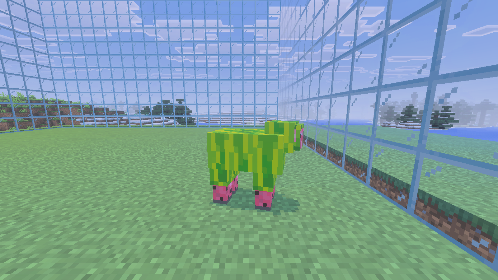 A green striped Sheepomelon from Microsoft’s Add-On Starter inside the glass demonstration enclosure.