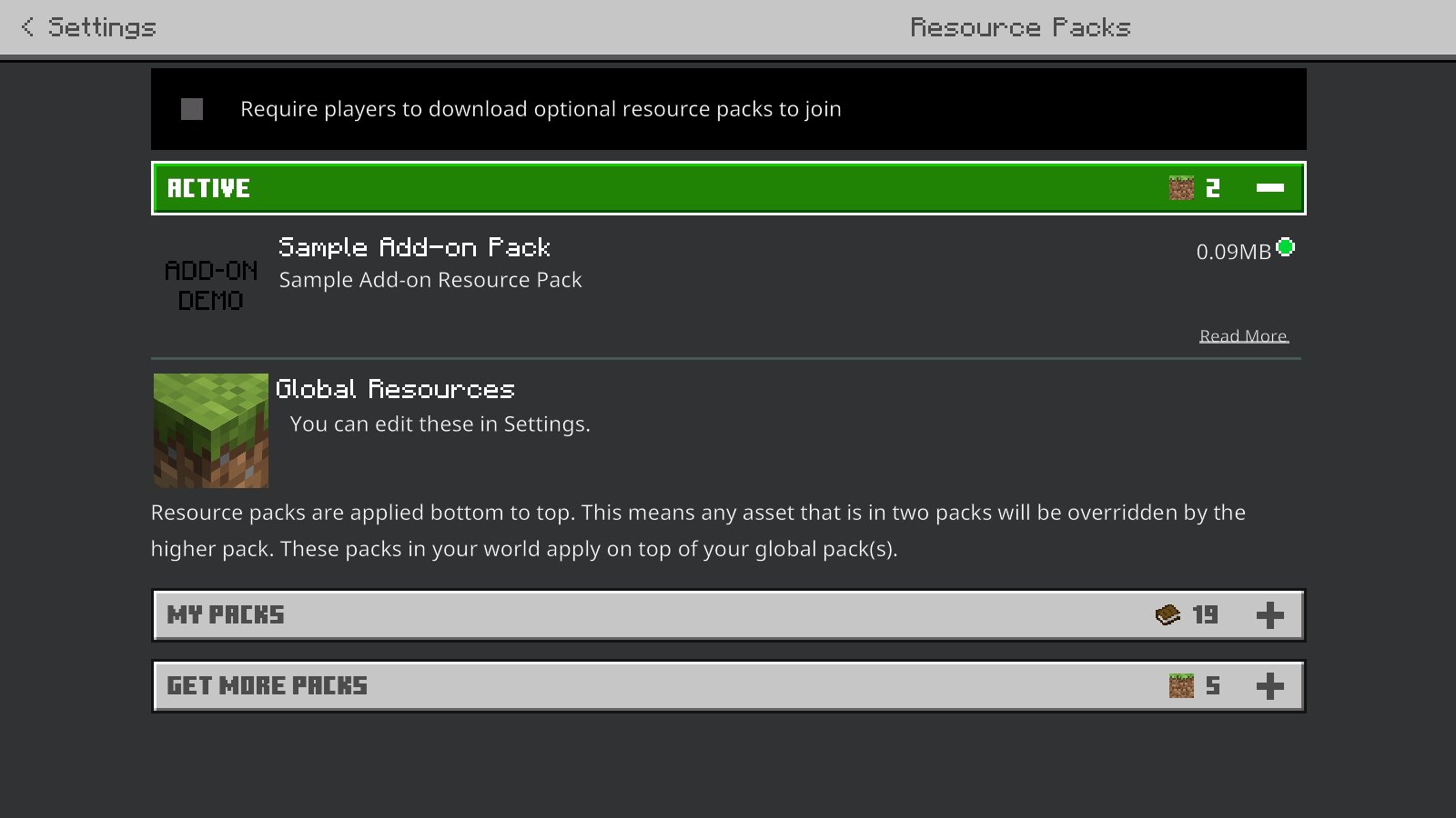 Sample Add-on Pack appears in the active resource packs of the Bedrock demonstration world.