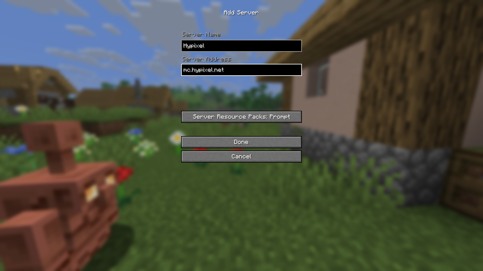 Minecraft Java’s Add Server screen contains mc.hypixel.net in Server Address.