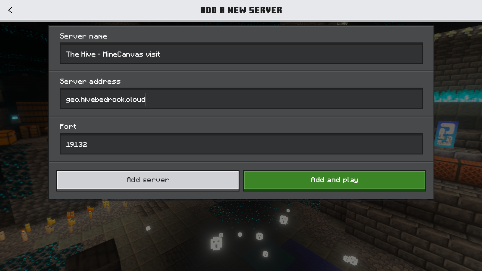 Bedrock’s Add Server form with geo.hivebedrock.cloud and port 19132.