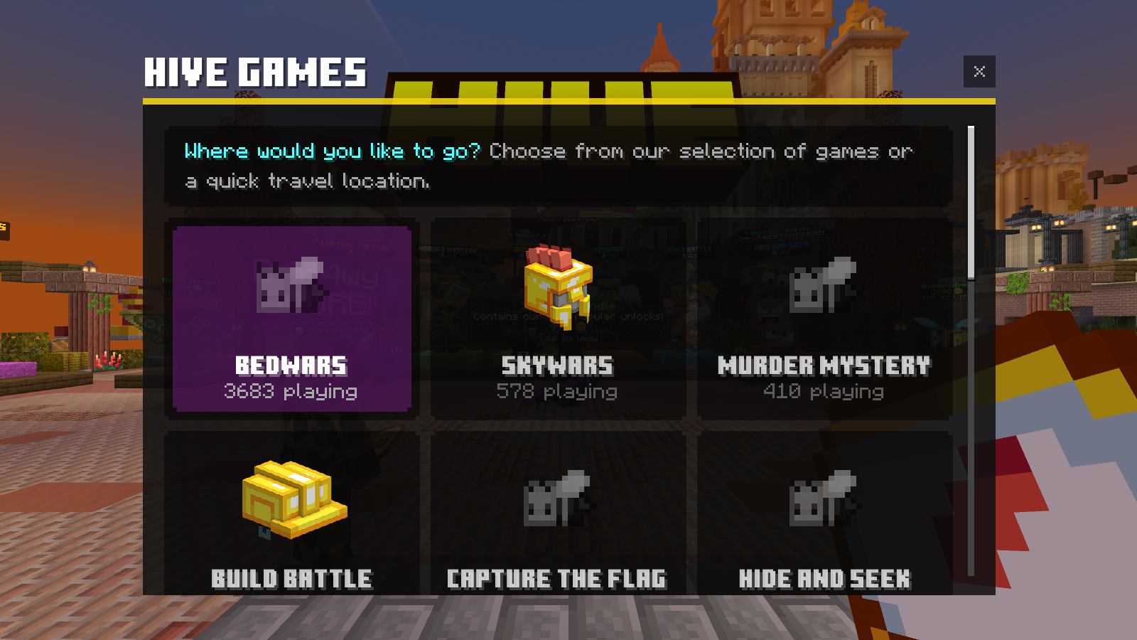 The Hive Games menu displays BedWars, SkyWars, Murder Mystery, Build Battle, Capture the Flag and Hide and Seek.
