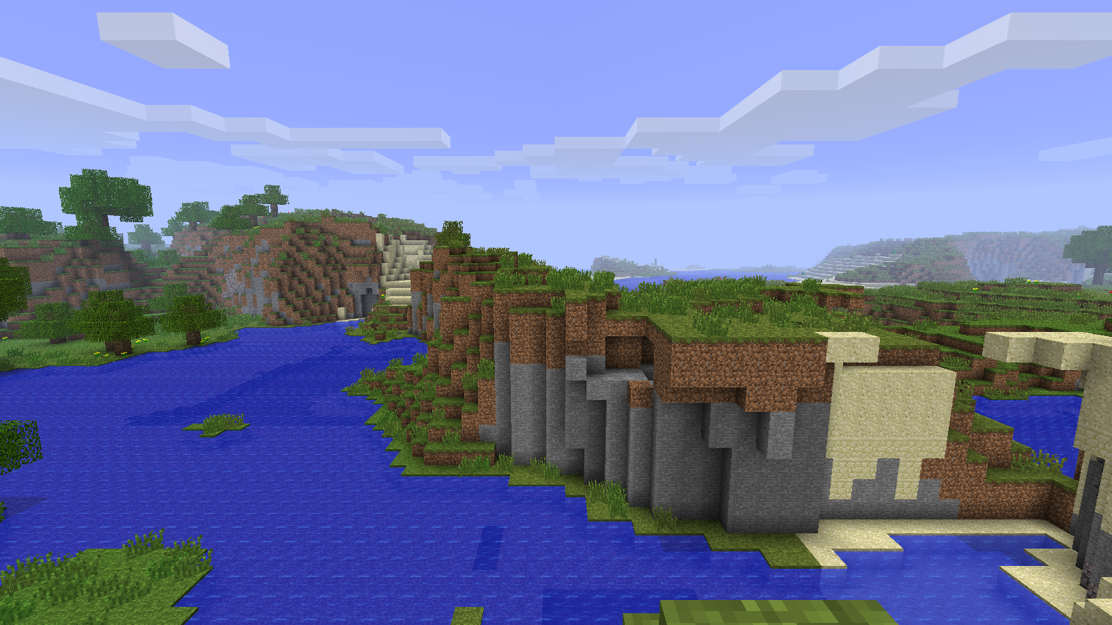 The lake and grassy hills of the original menu panorama seed regenerated in Java Beta 1.7.3.