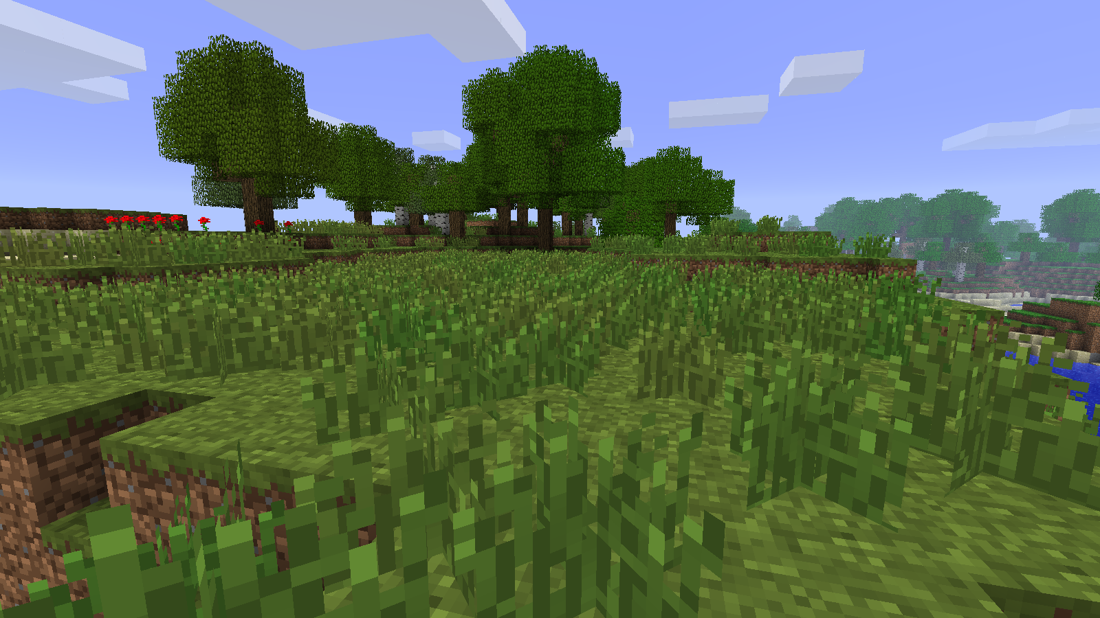 A broad grassy bank and trees beside the panorama lake in our fresh Beta 1.7.3 world.