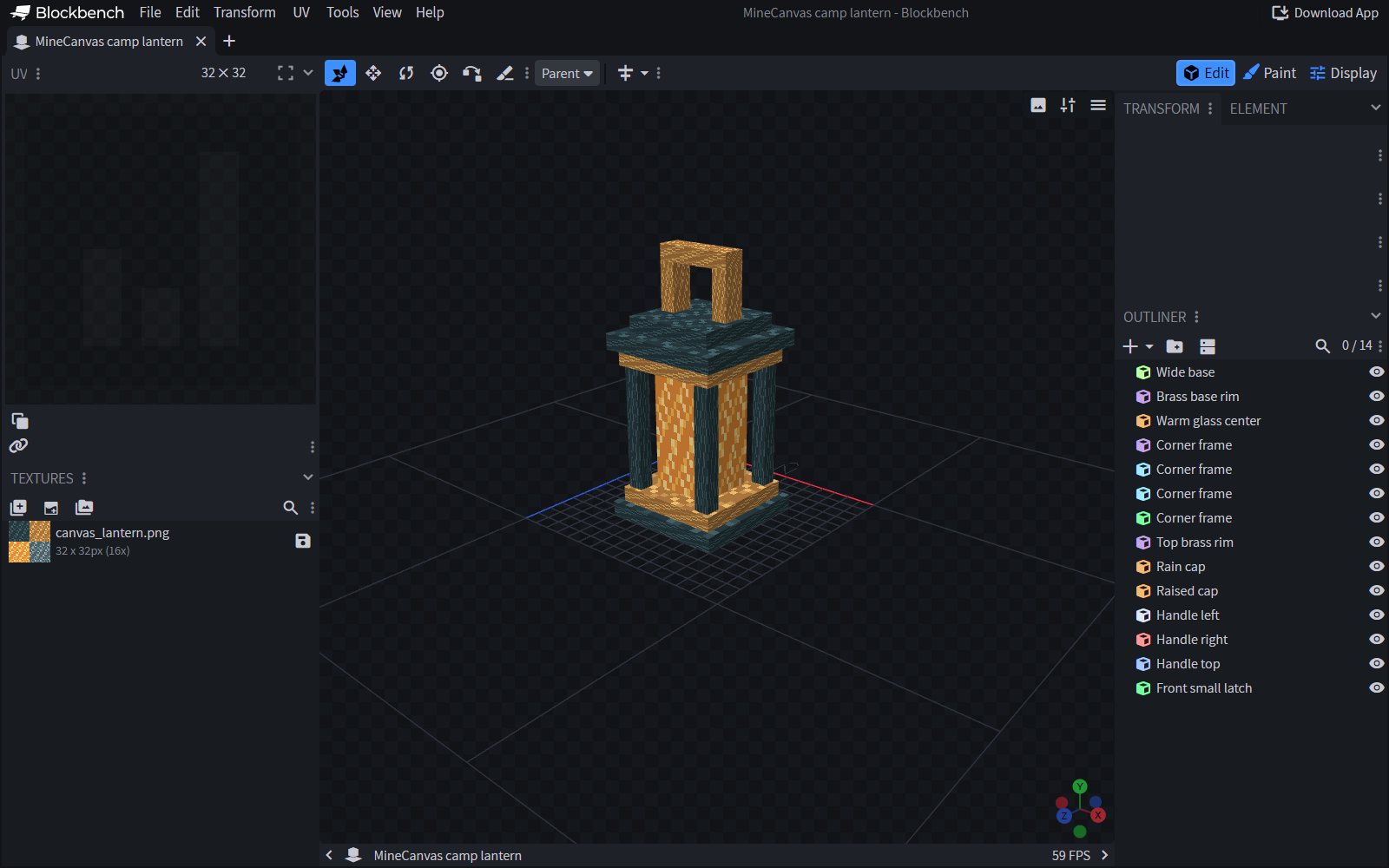 Our teal and brass camp lantern model in the actual Blockbench editor, with its cubes and pixel texture.