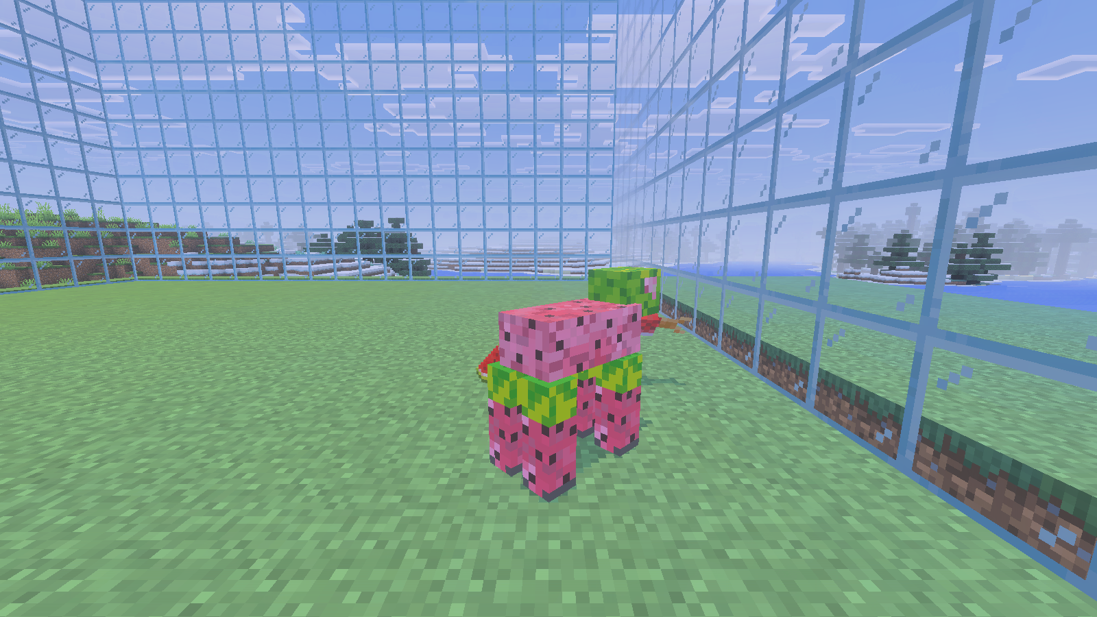 Sheepomelon after shearing, with melon slices and a salmon nearby.