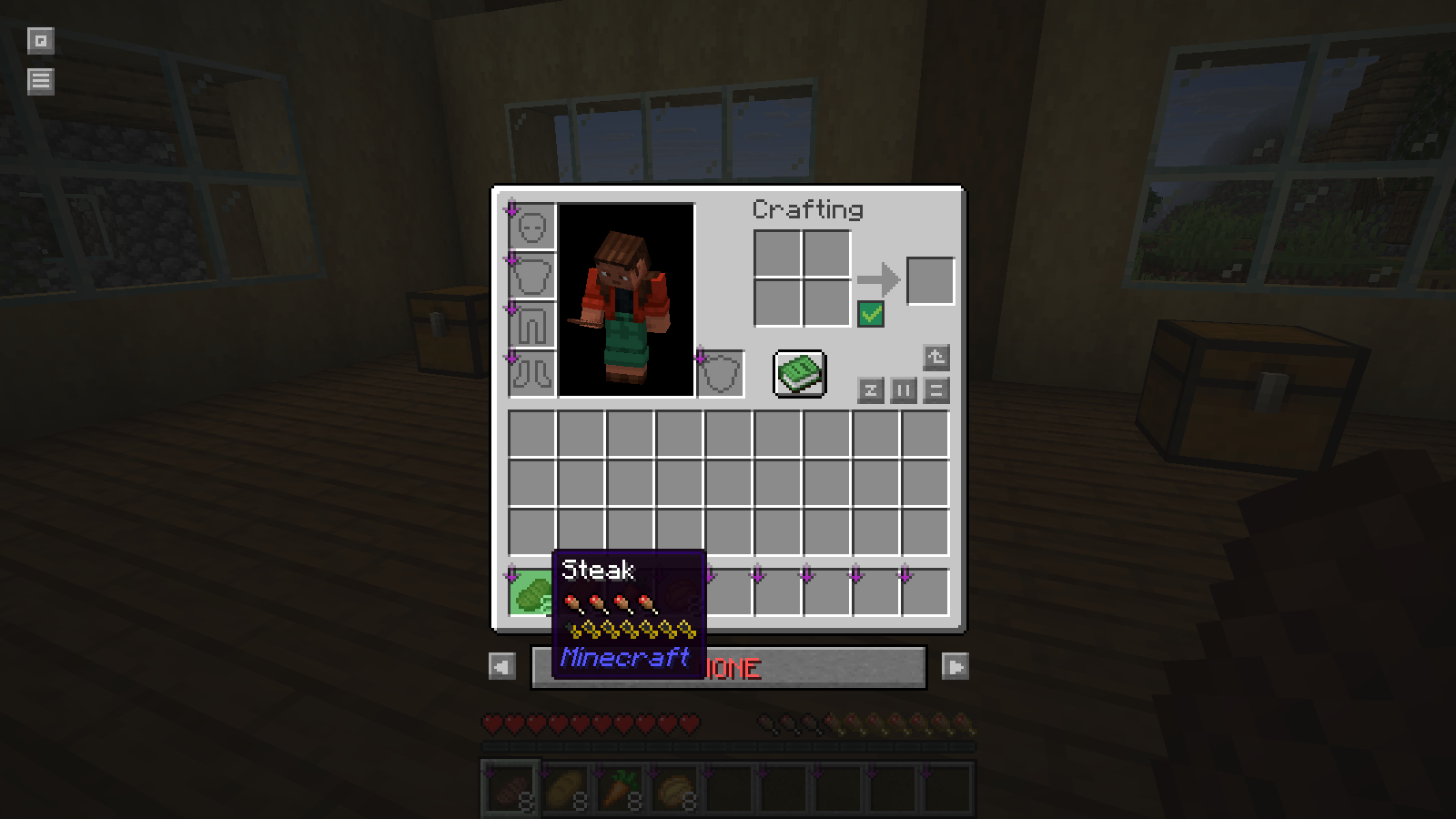 Steak tooltip showing hunger and saturation indicators in AppleSkin.