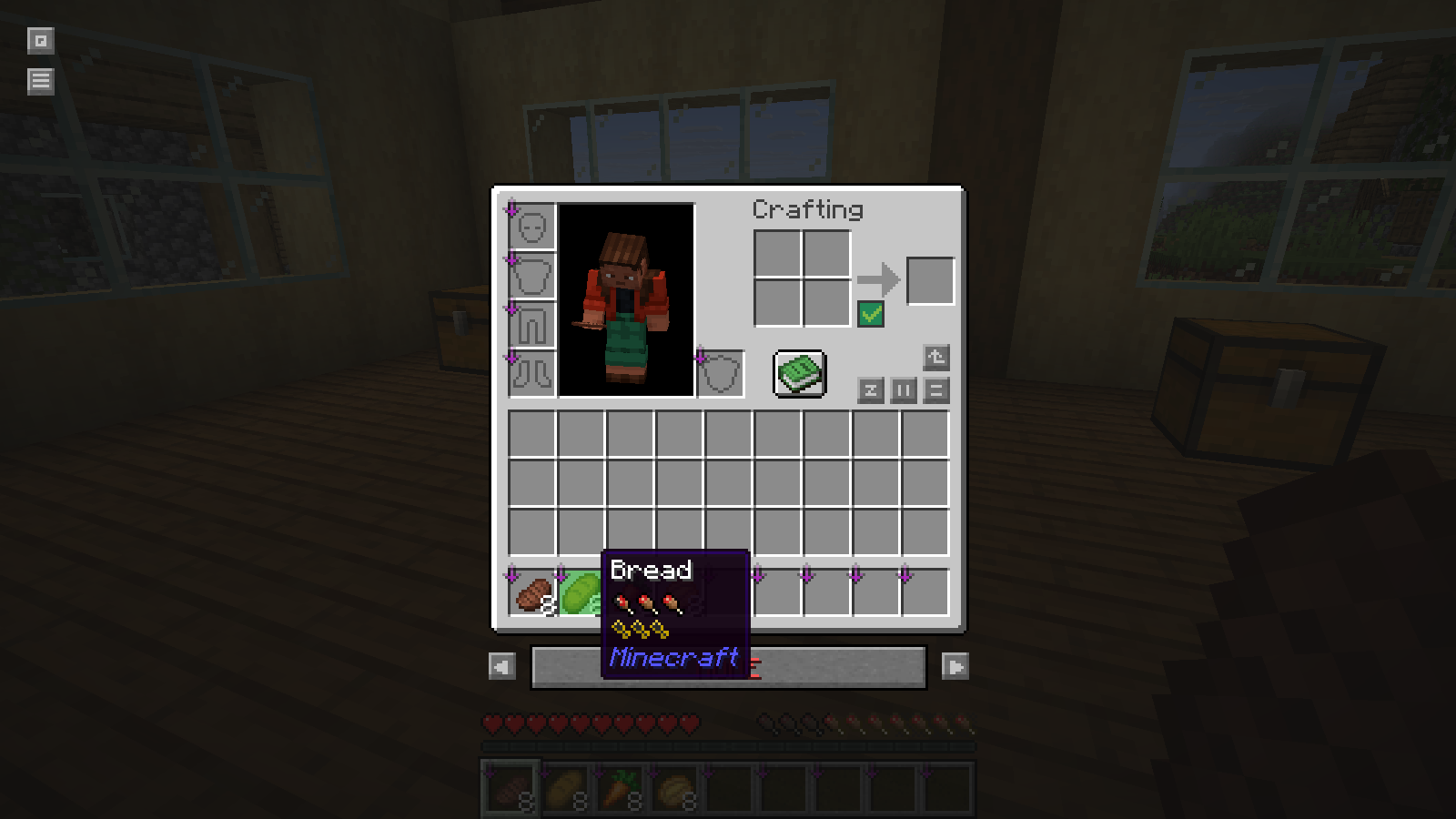 Bread tooltip showing its food indicators beside the same inventory.