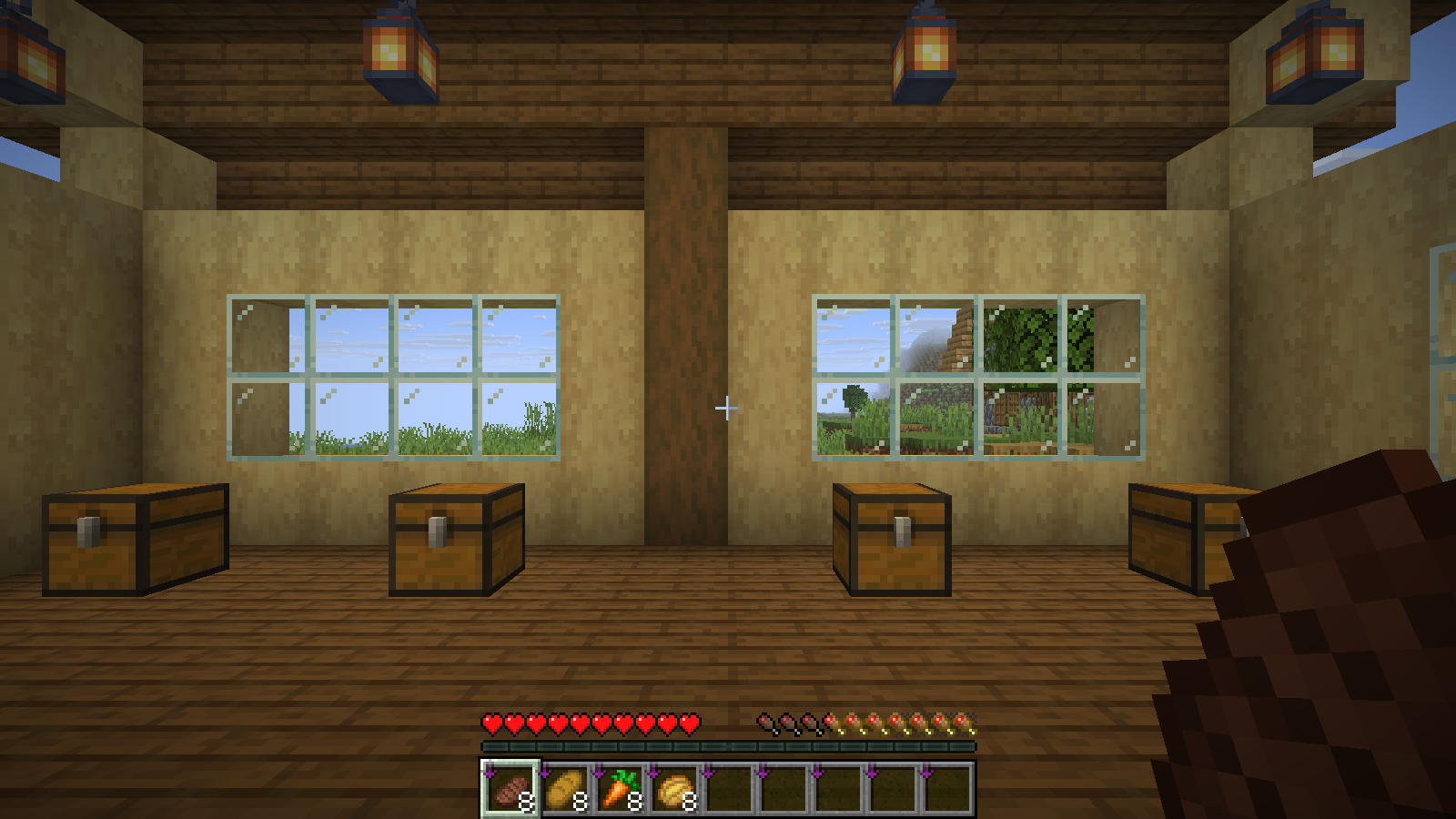Holding steak displays AppleSkin food information on the hunger HUD.