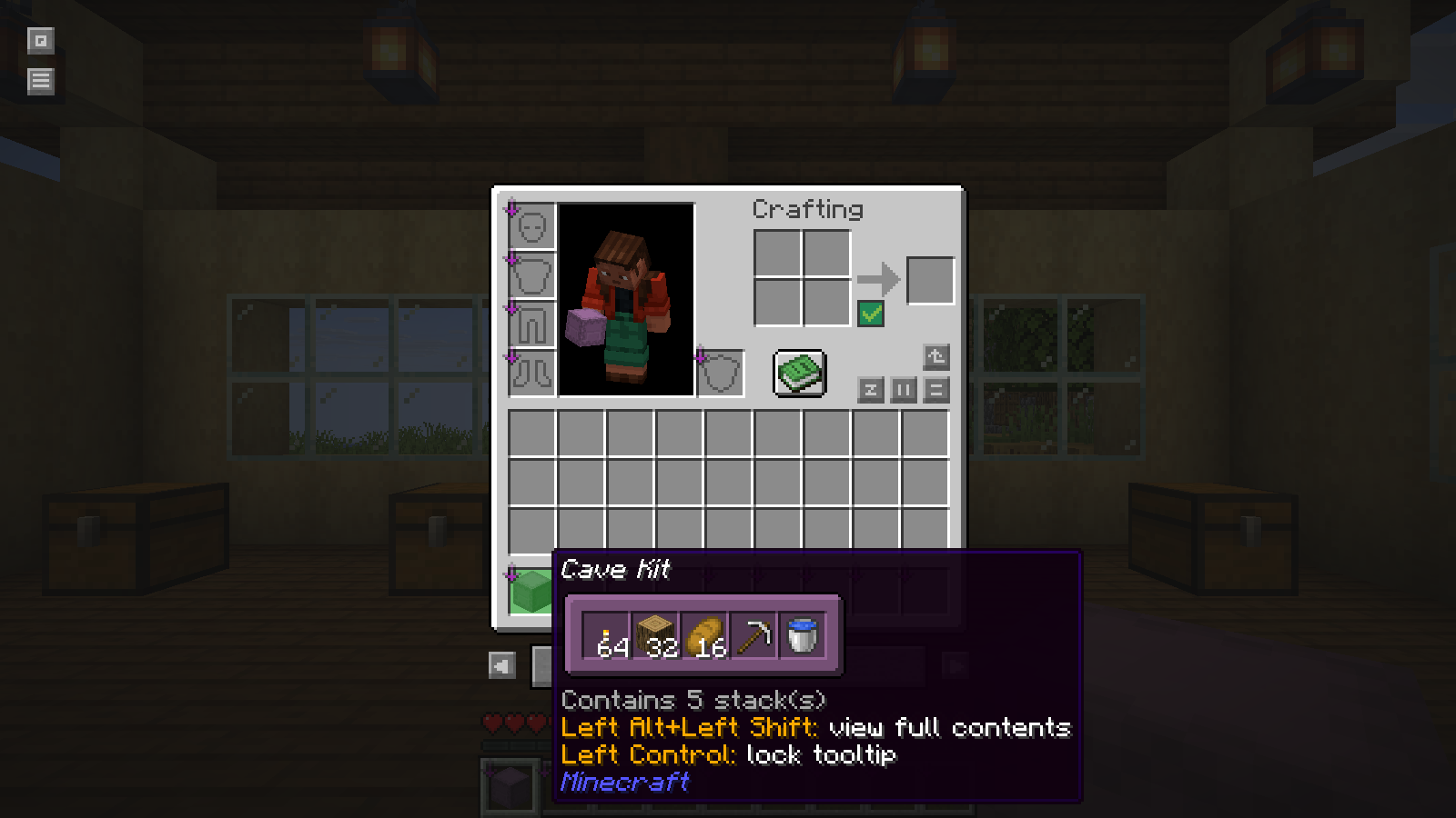 Compact Cave Kit preview with torches, logs, bread, a pickaxe and a water bucket.