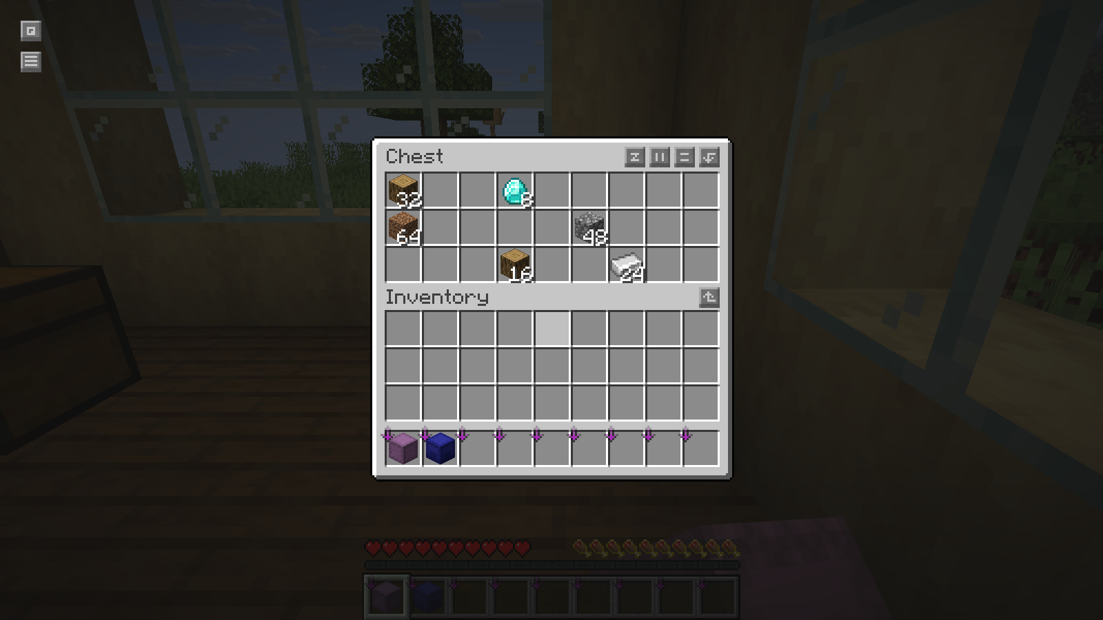 Before sorting: two oak-log stacks and four other materials are scattered across a chest.
