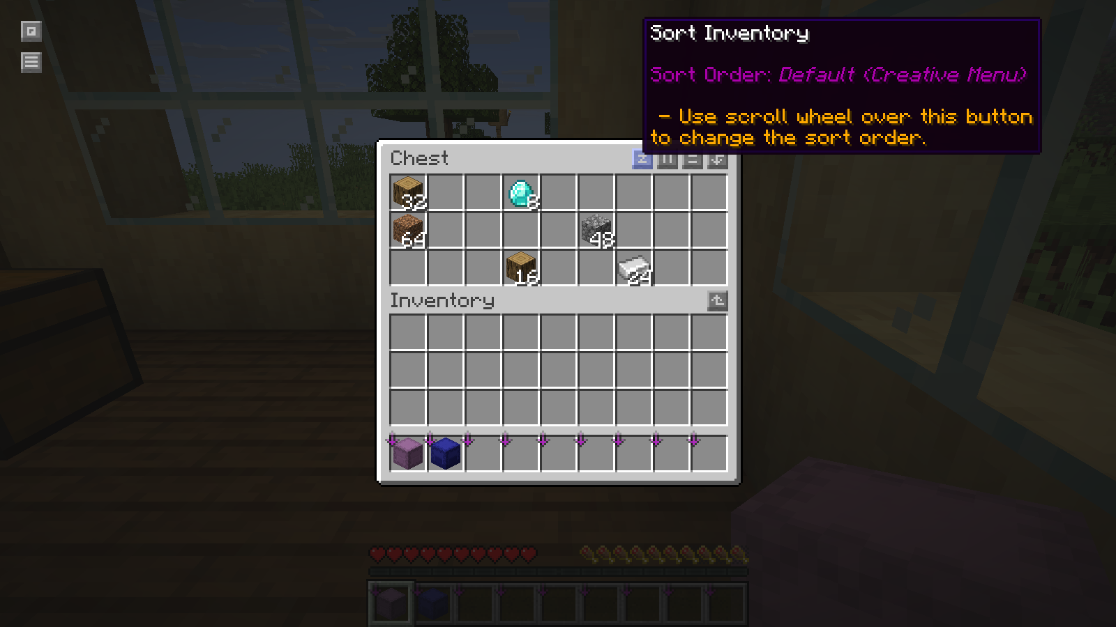 The chest Sort Inventory button shows Default Creative Menu order.