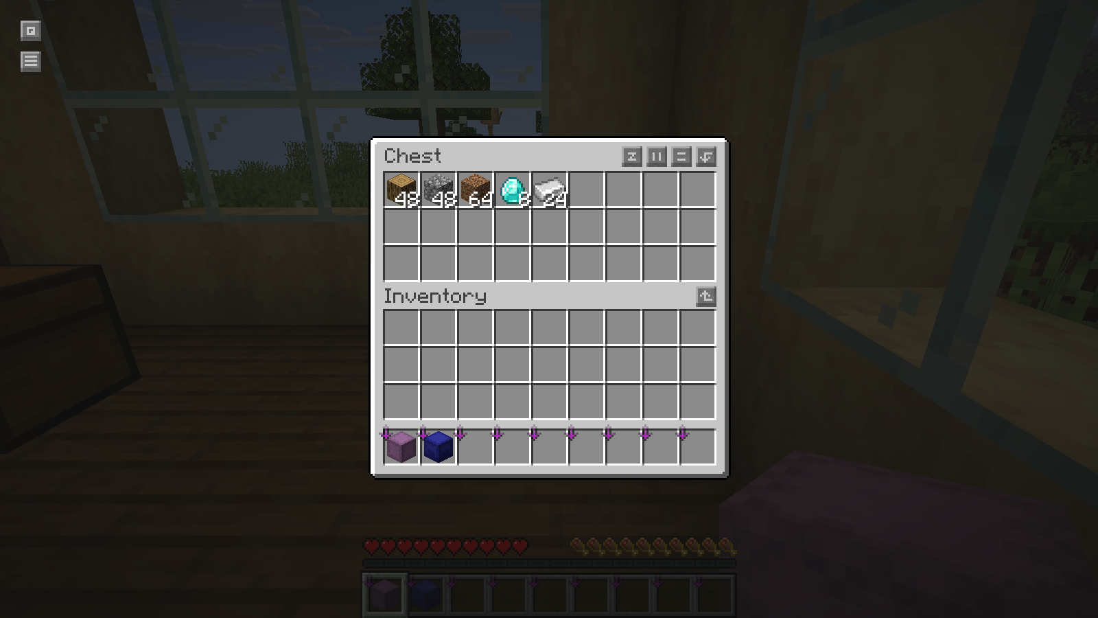 After sorting: 48 logs, 48 cobblestone, 64 dirt, 8 diamonds and 24 iron ingots occupy five slots.