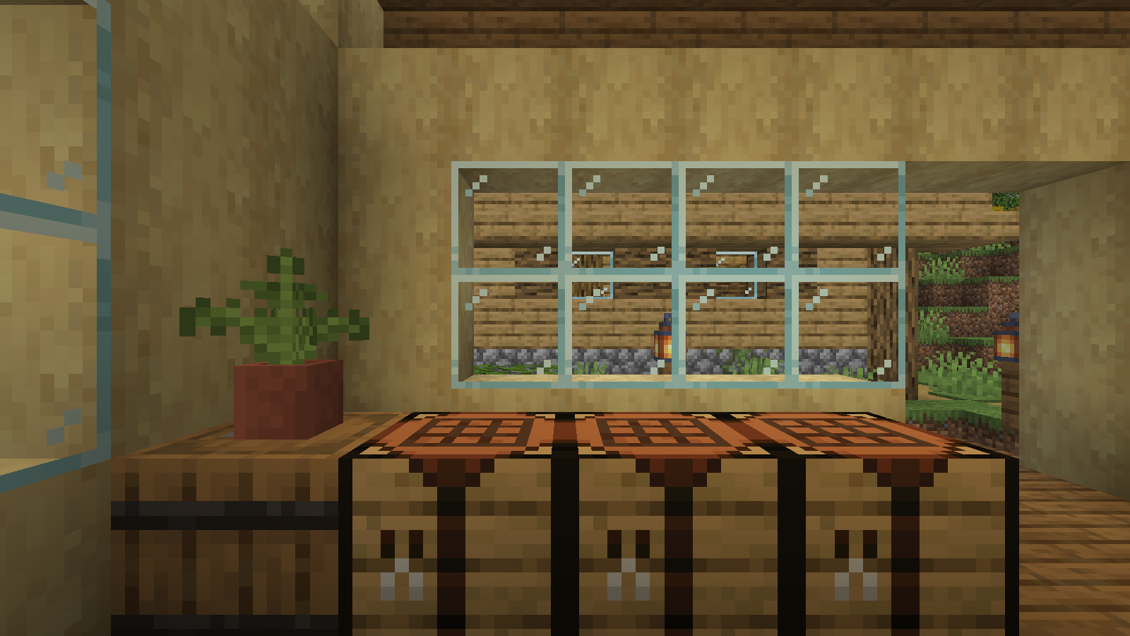 Before enabling the built-in textures, individual glass-block borders divide the workshop window.