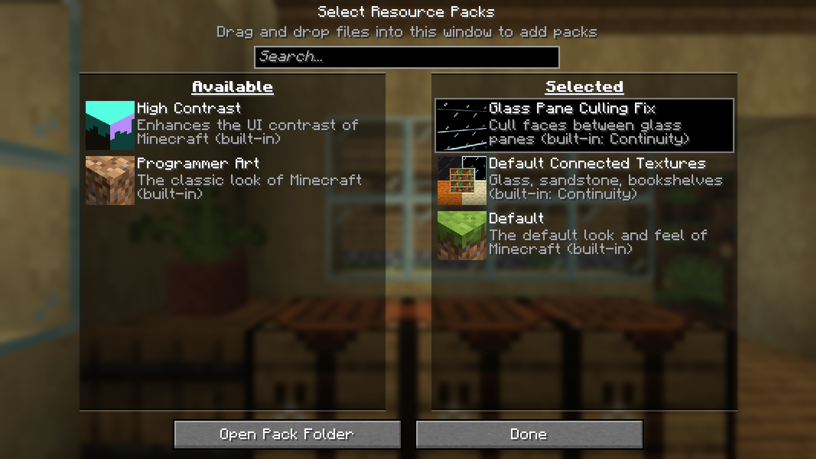 Continuity Default Connected Textures and Glass Pane Culling Fix selected in the resource-pack menu.