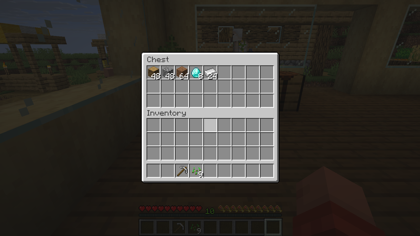 A supply chest contains 48 oak logs before the mouse-wheel transfer.