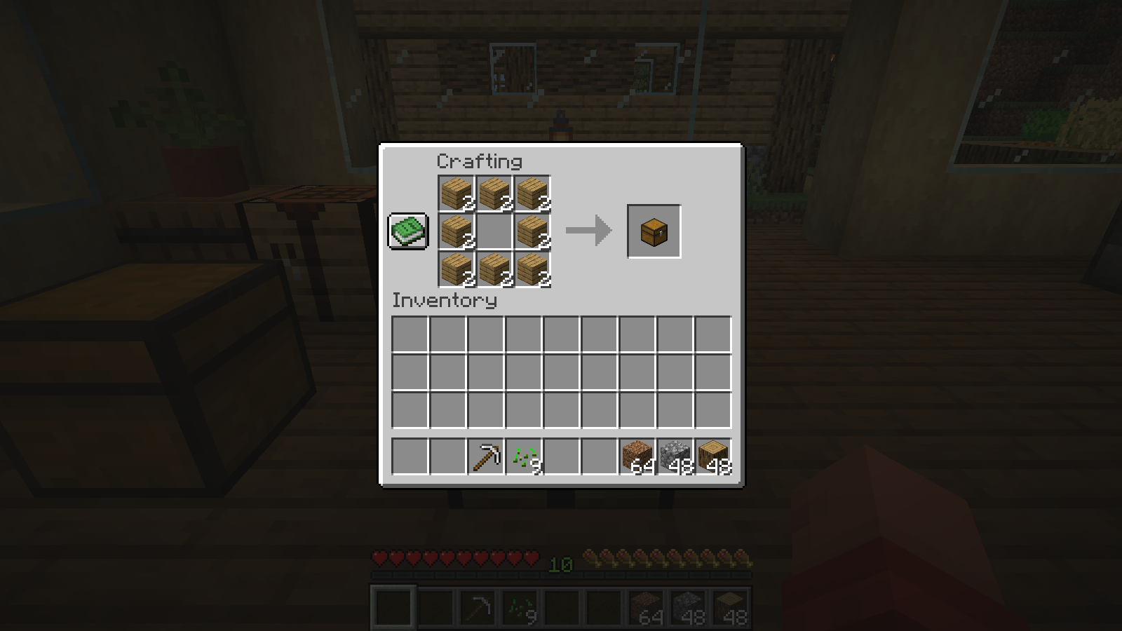 Two passes around the chest recipe leave two oak planks in each of eight crafting slots.