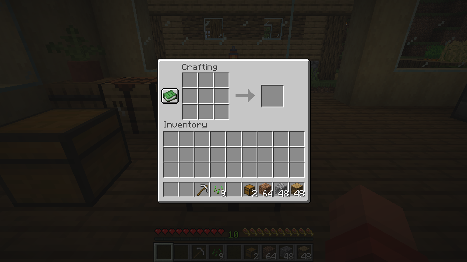 After Shift-clicking the output, two crafted chests appear in the hotbar.