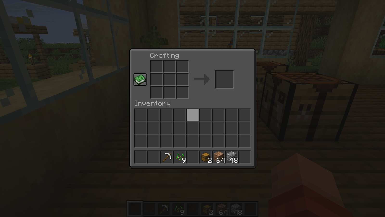 The crafting interface keeps its familiar grid and output layout with a dark panel.