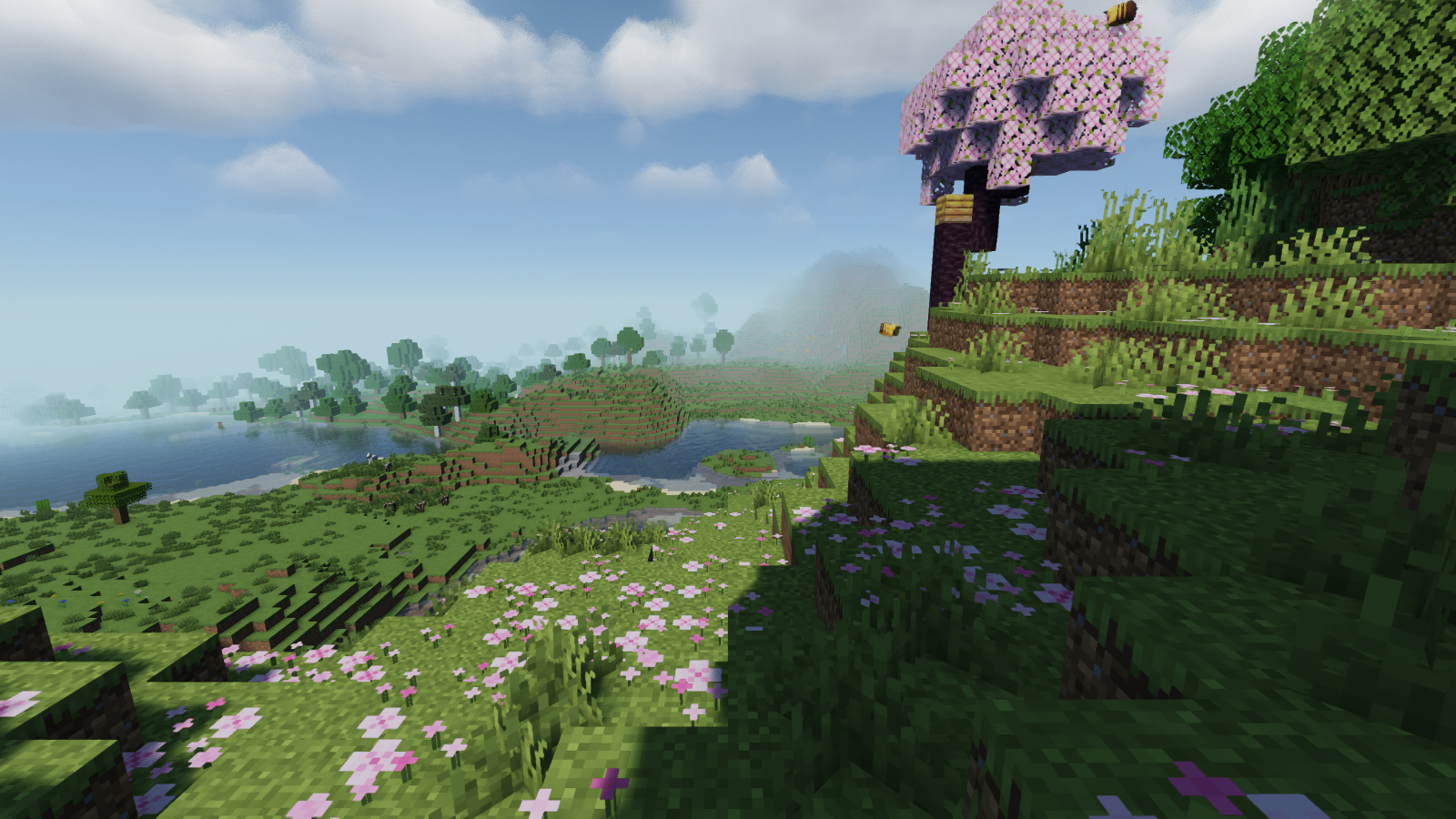 MakeUp casts distinct tree shadows across the cherry hillside and flowers.