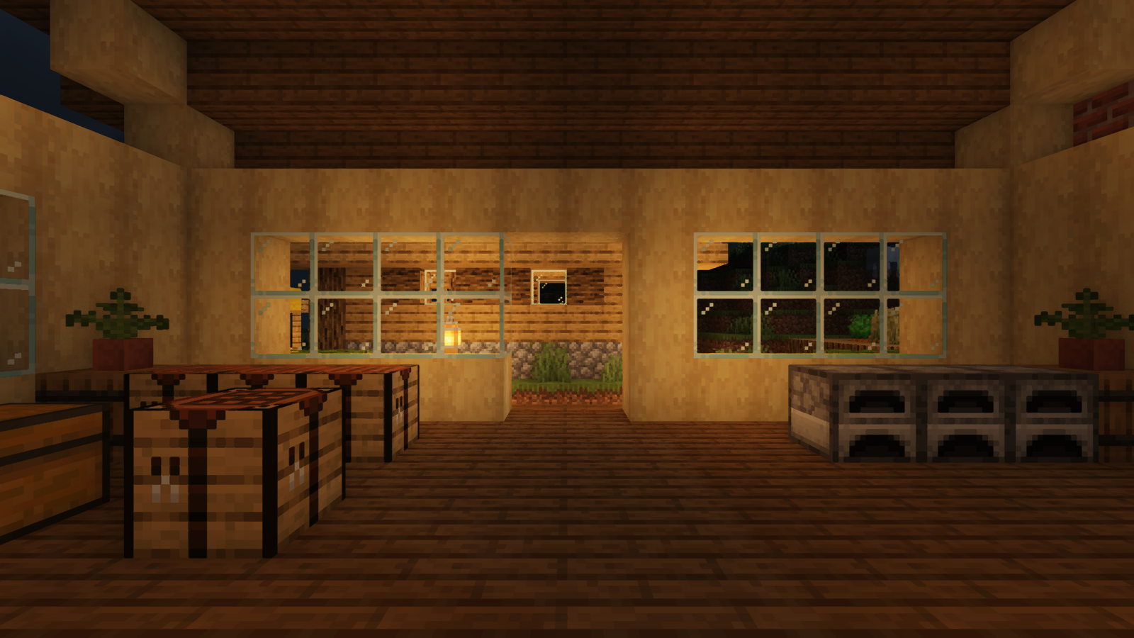 The workshop walls and floor take on warm light around the lantern-facing opening.