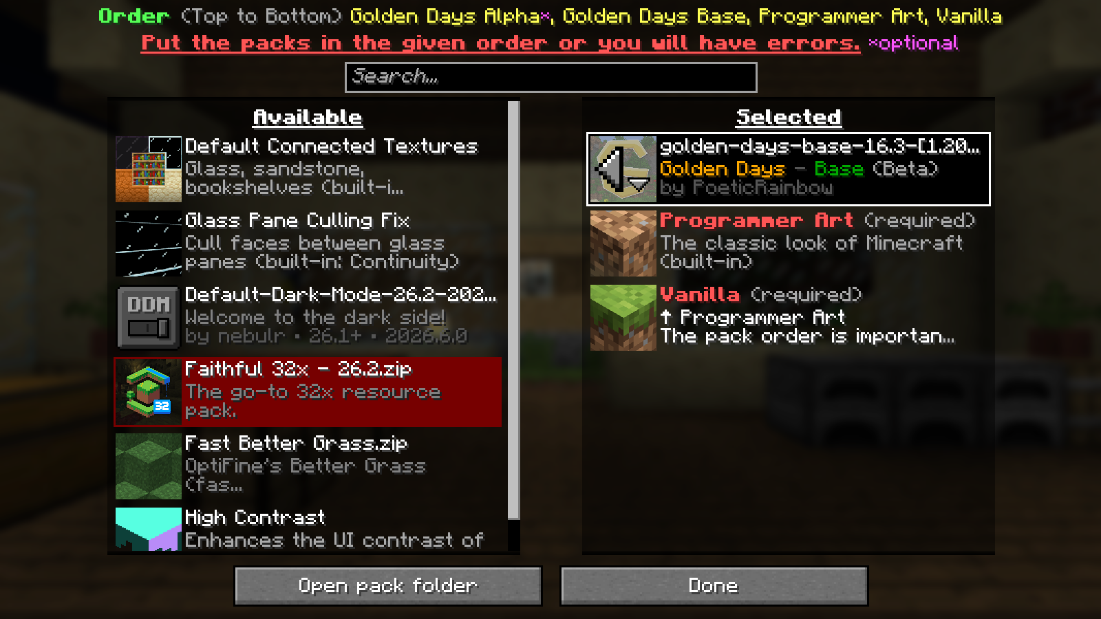 Golden Days Base is selected above Programmer Art and Vanilla in the resource-pack menu.