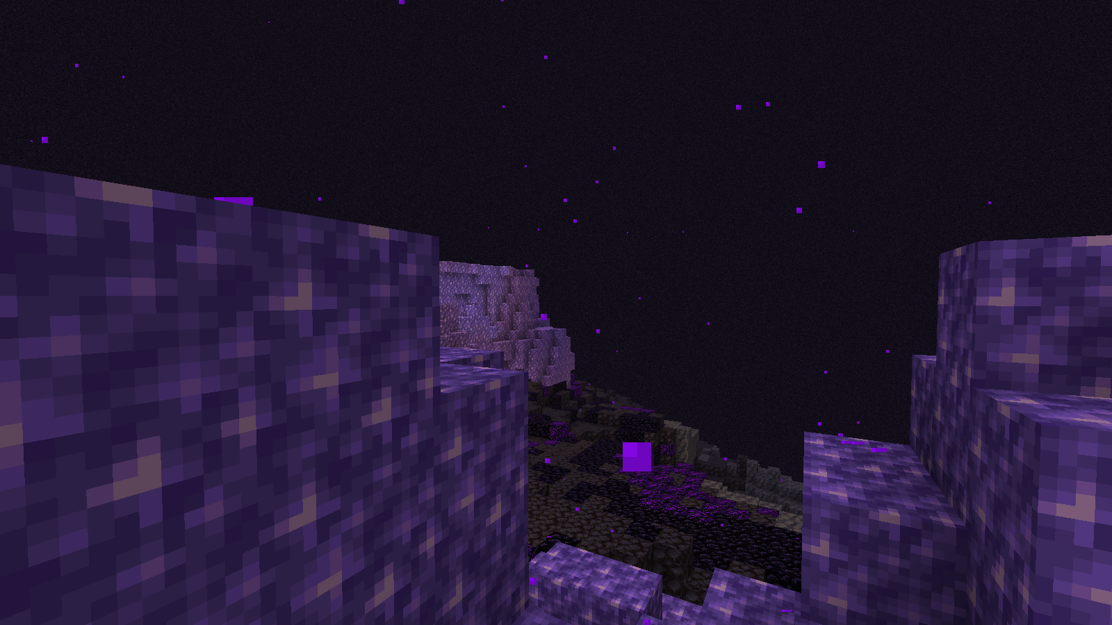 Amethyst blocks frame a narrow ground-level view across a darker ridge.