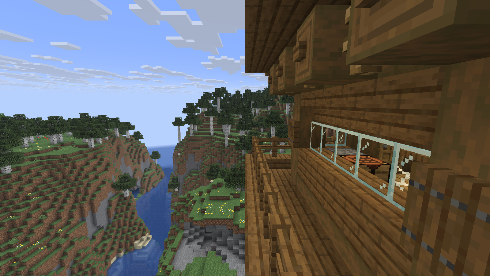 The firetower balcony overlooks the river between wooded slopes.