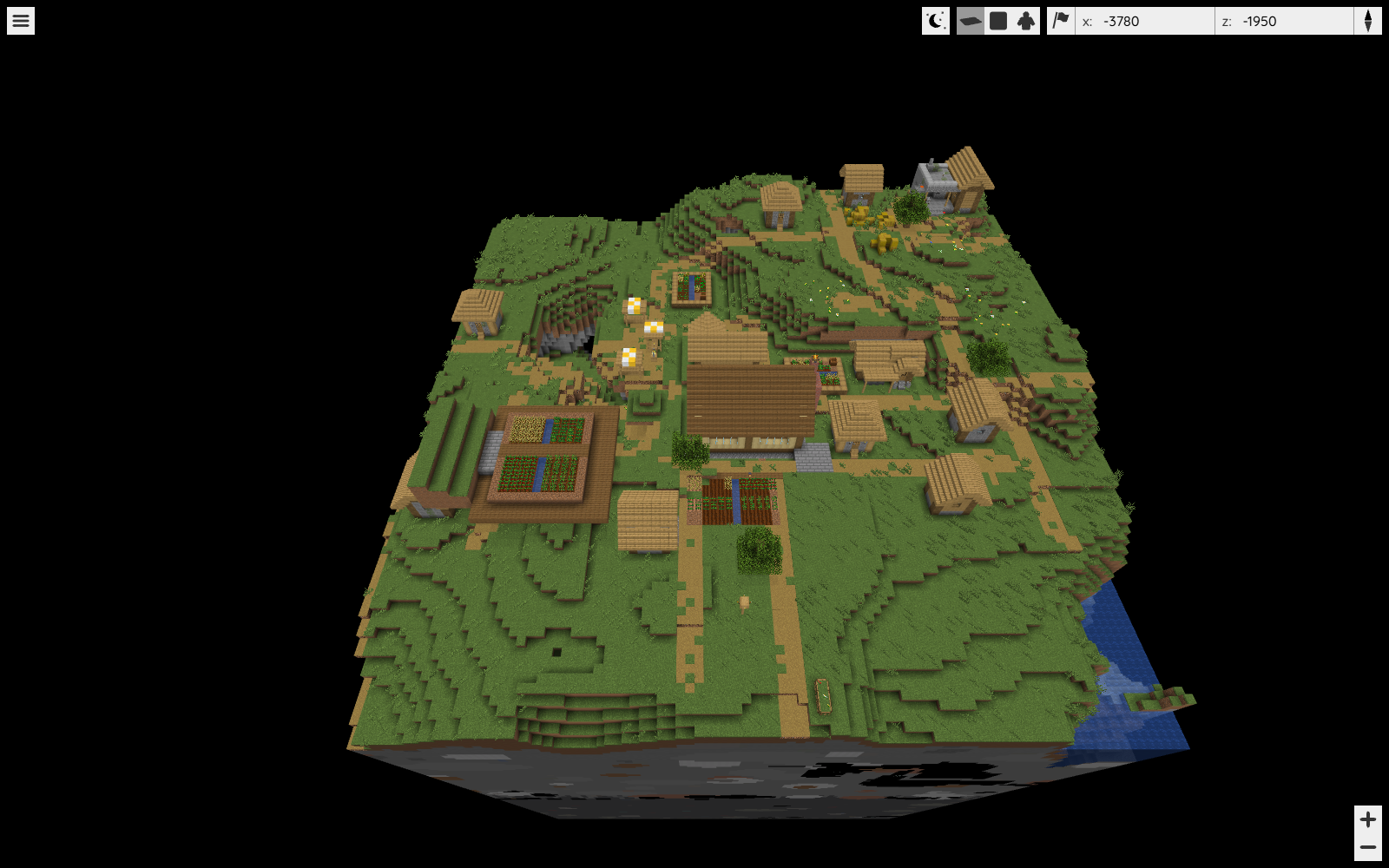 An oblique BlueMap view keeps the Field Workshop, village paths and nearby farms together.
