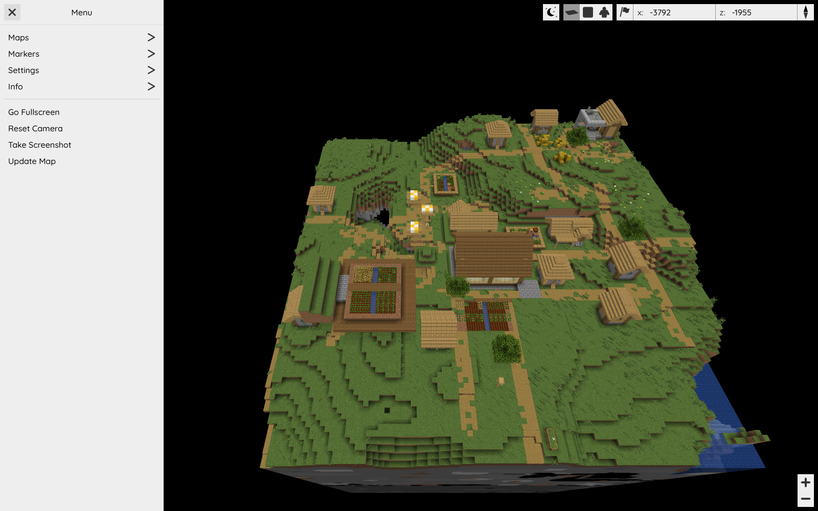 BlueMap's own menu provides map, marker and view controls beside the rendered settlement.
