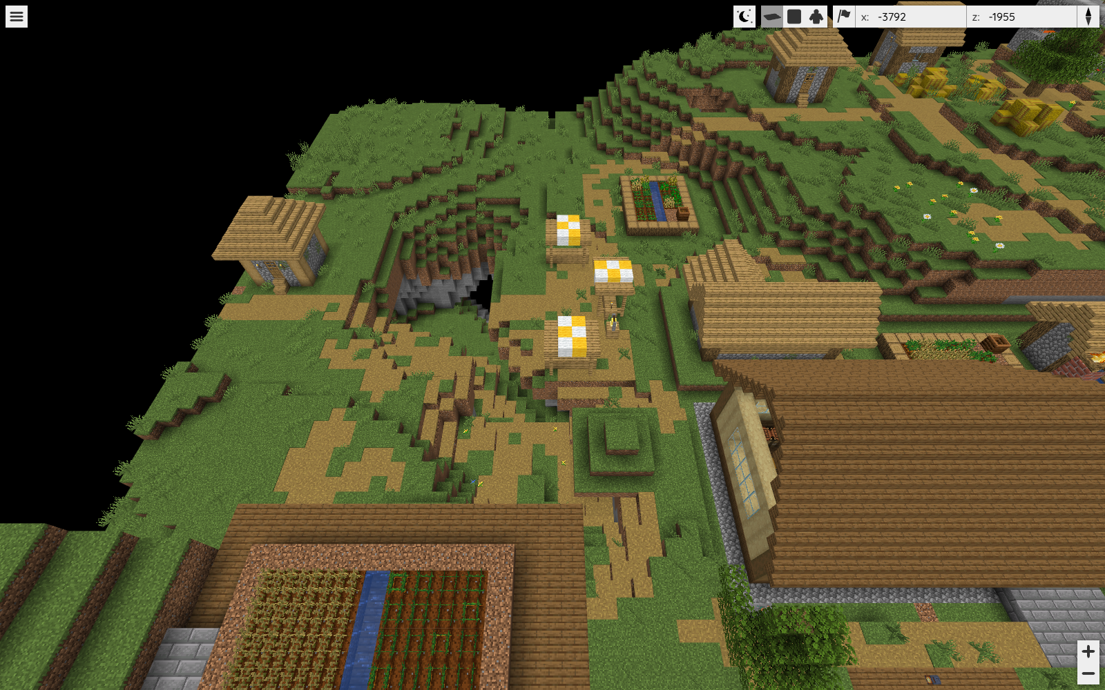 Zooming in makes paths, crop plots and building entrances easier to compare.