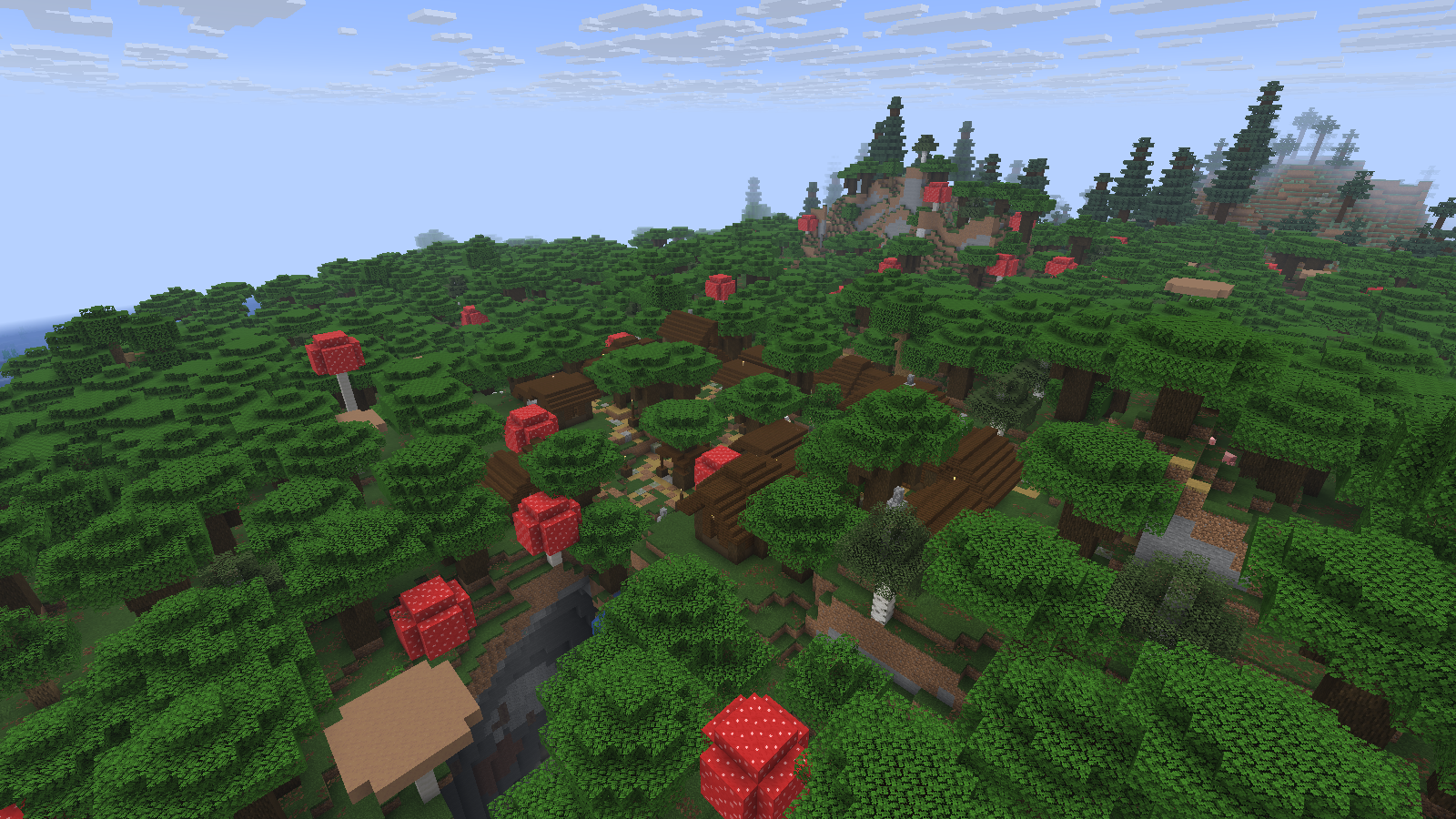 Dark wooden roofs and paths lie beneath a dense canopy, with giant red mushrooms and a nearby ravine.