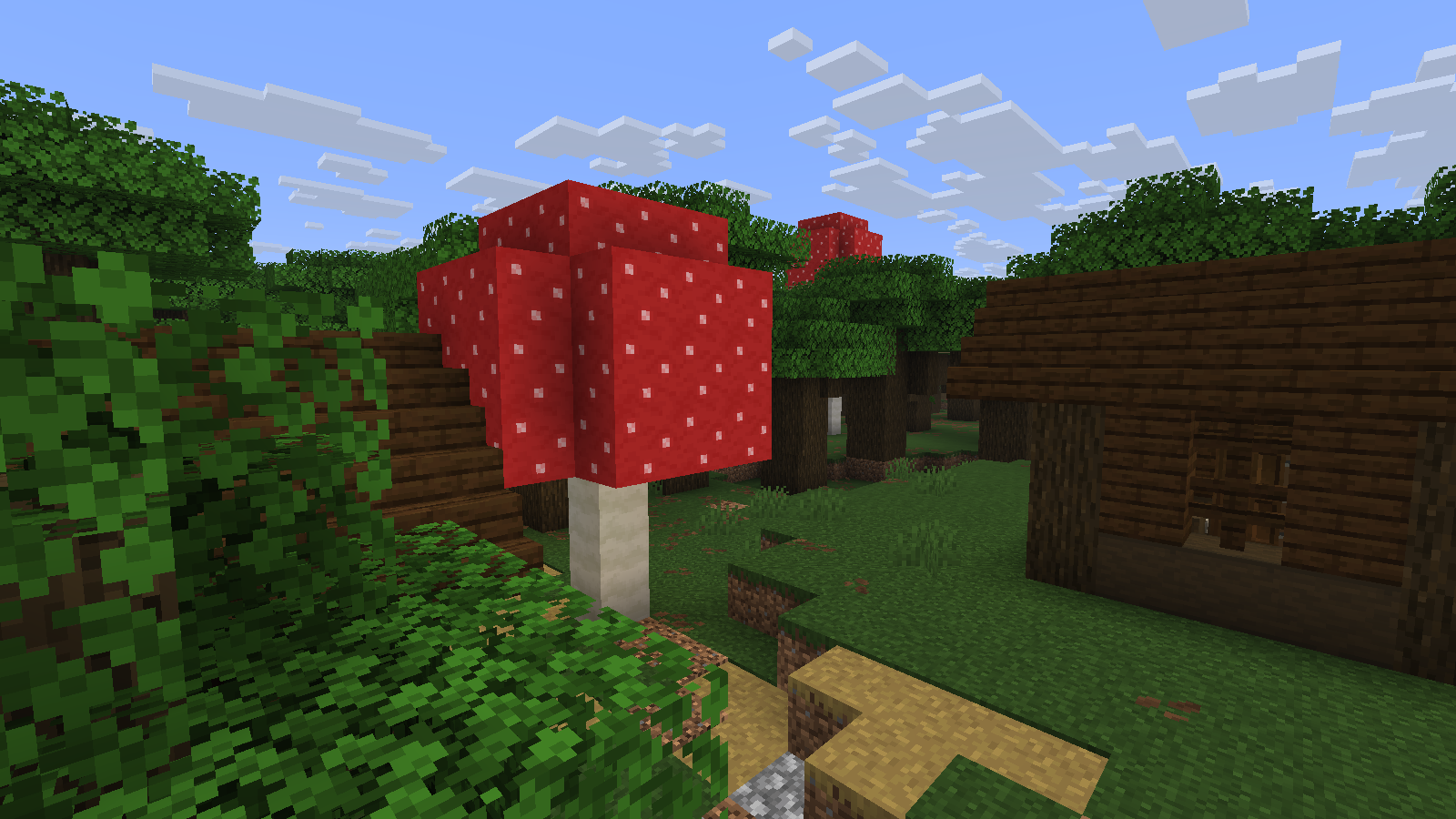 A giant red mushroom stands between wooden buildings beside an uneven forest path.
