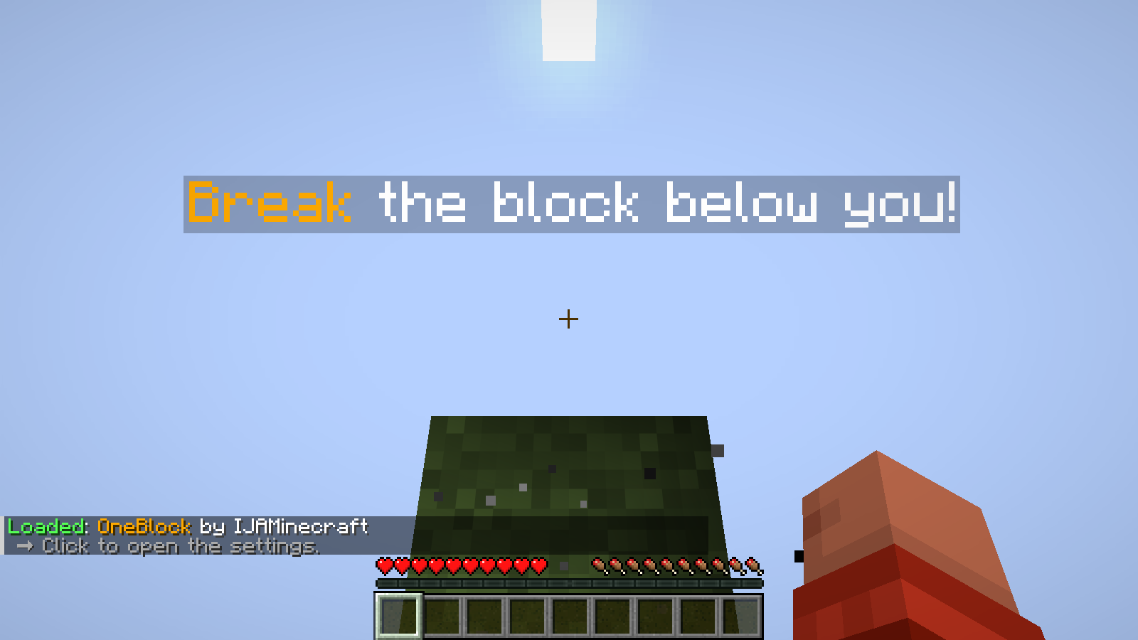 OneBlock opens with an empty hotbar and its prompt to break the block below the player.