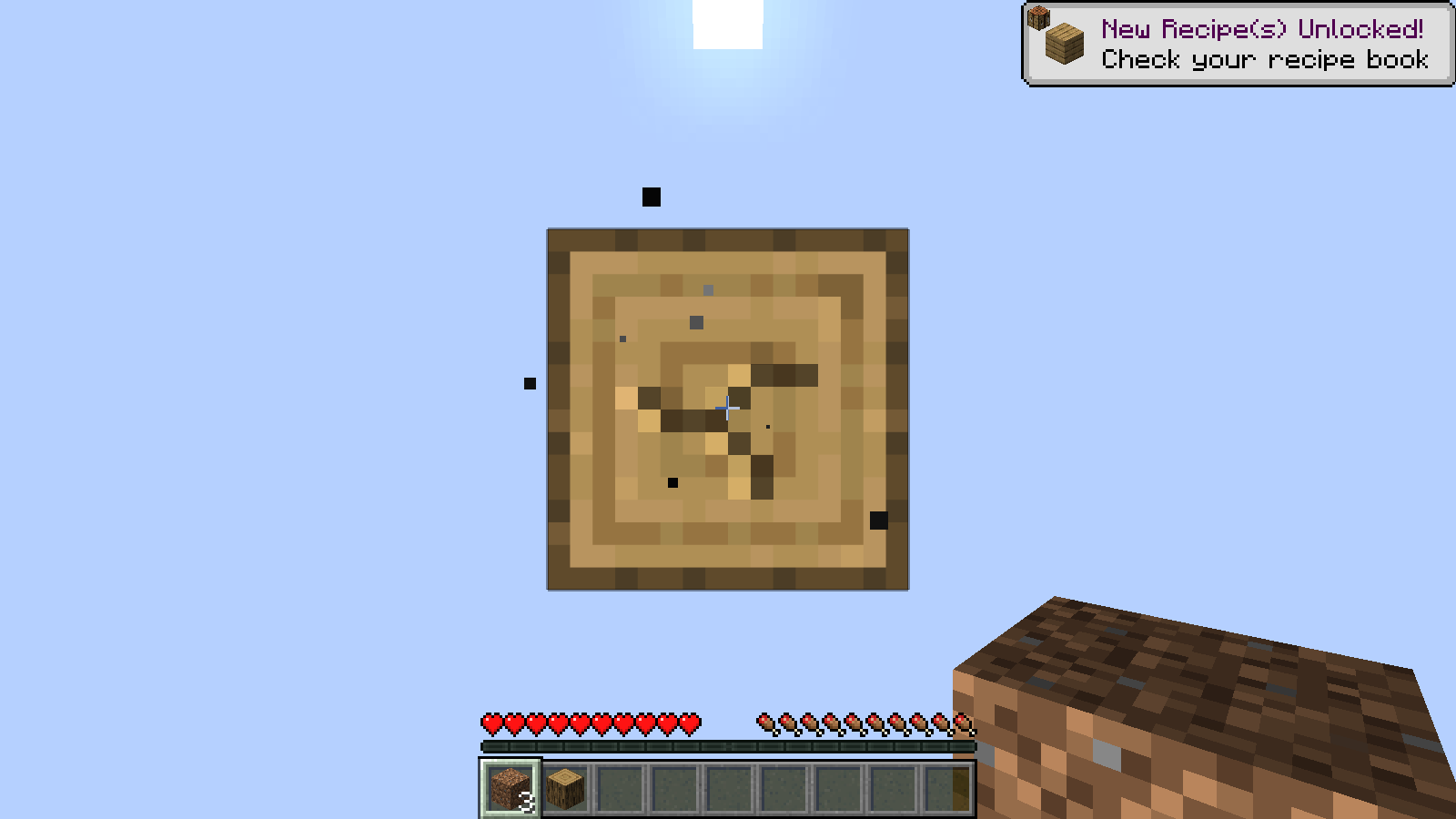 The first mining sequence has collected three dirt blocks and one oak log while another log occupies the center.