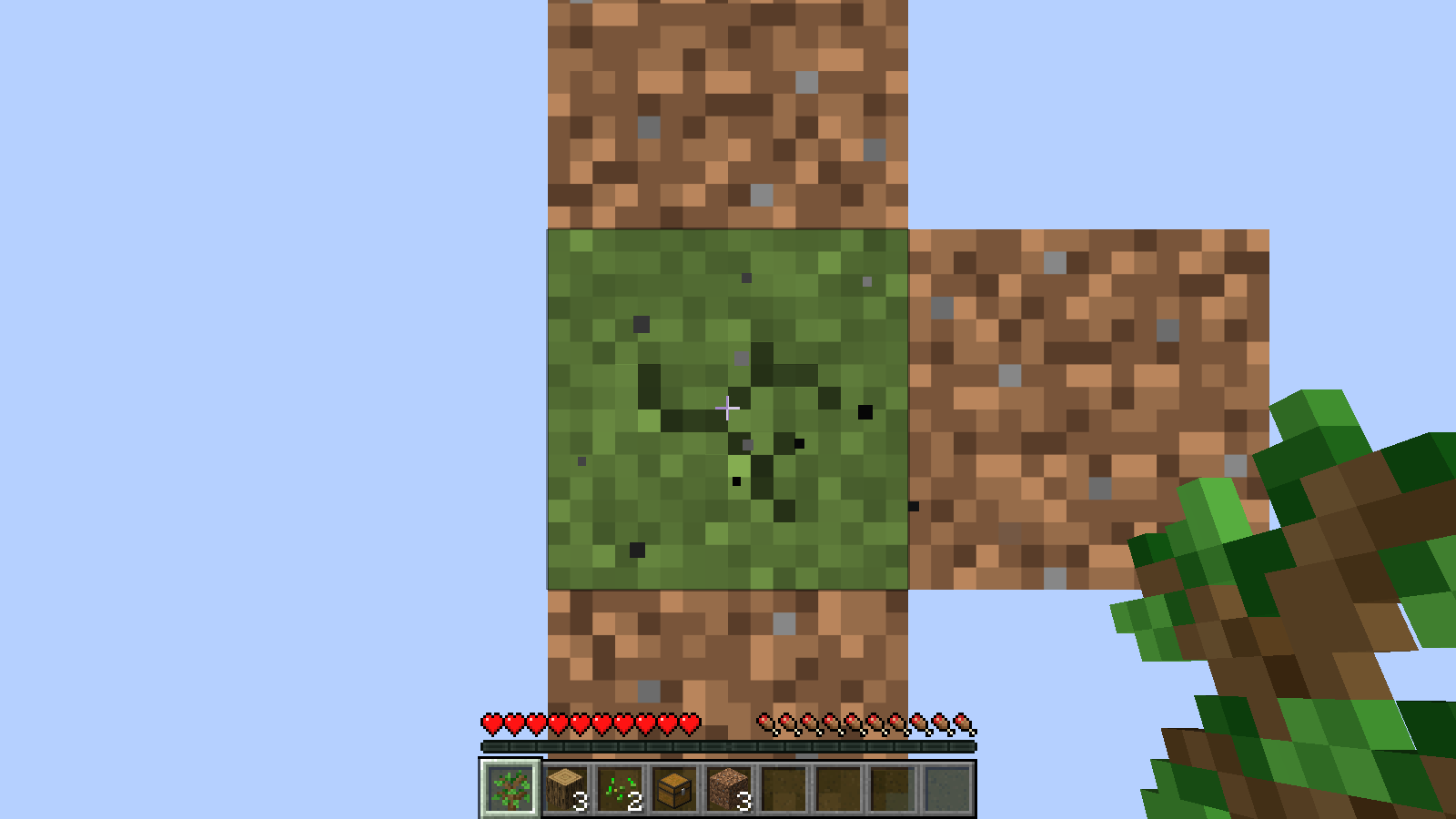 Three dirt blocks extend the starting block; the hotbar now includes a sapling, logs, seeds and the Tutorial Chest.