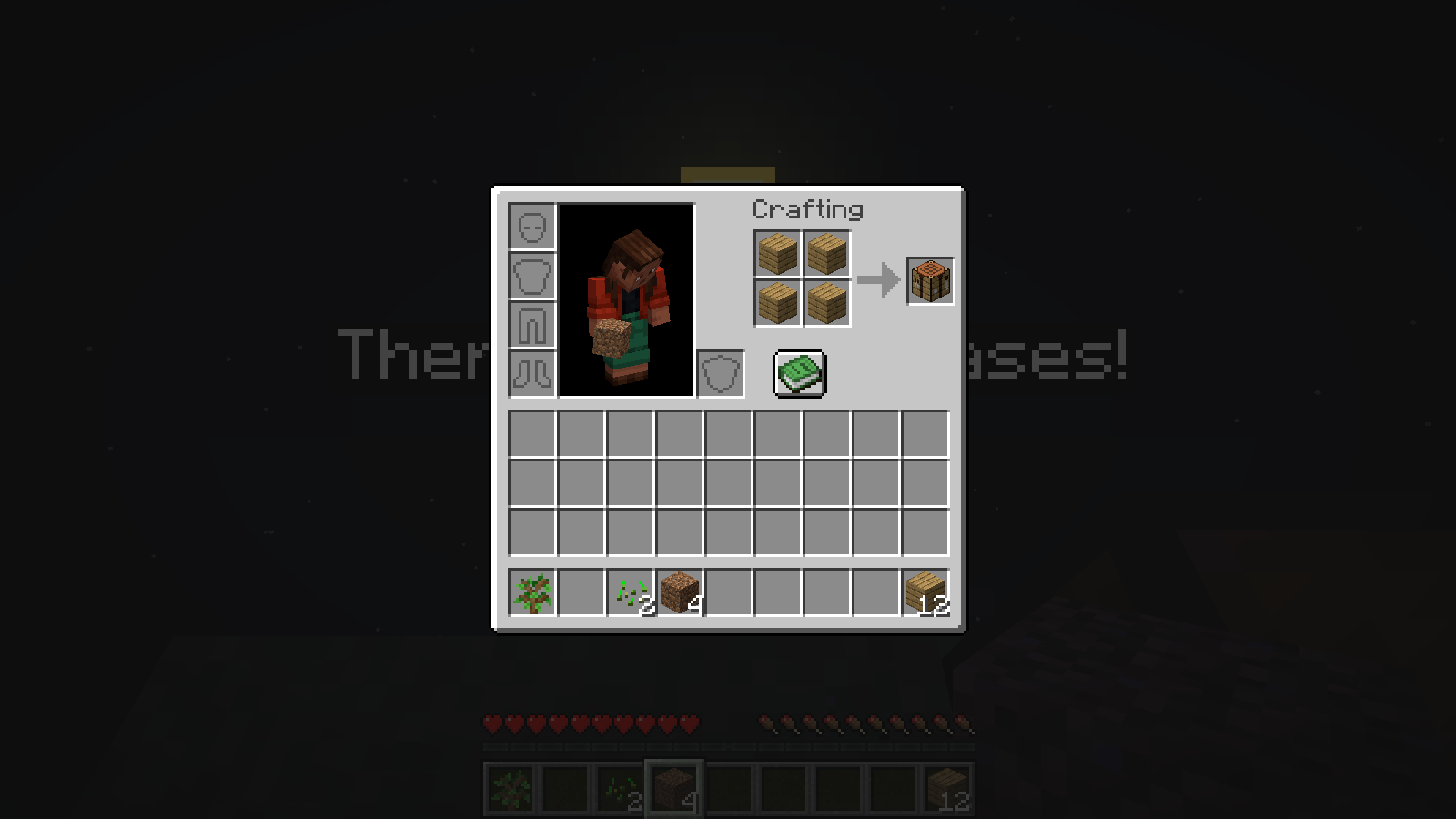 Four oak planks fill the inventory crafting grid to make a workbench, with twelve planks remaining.