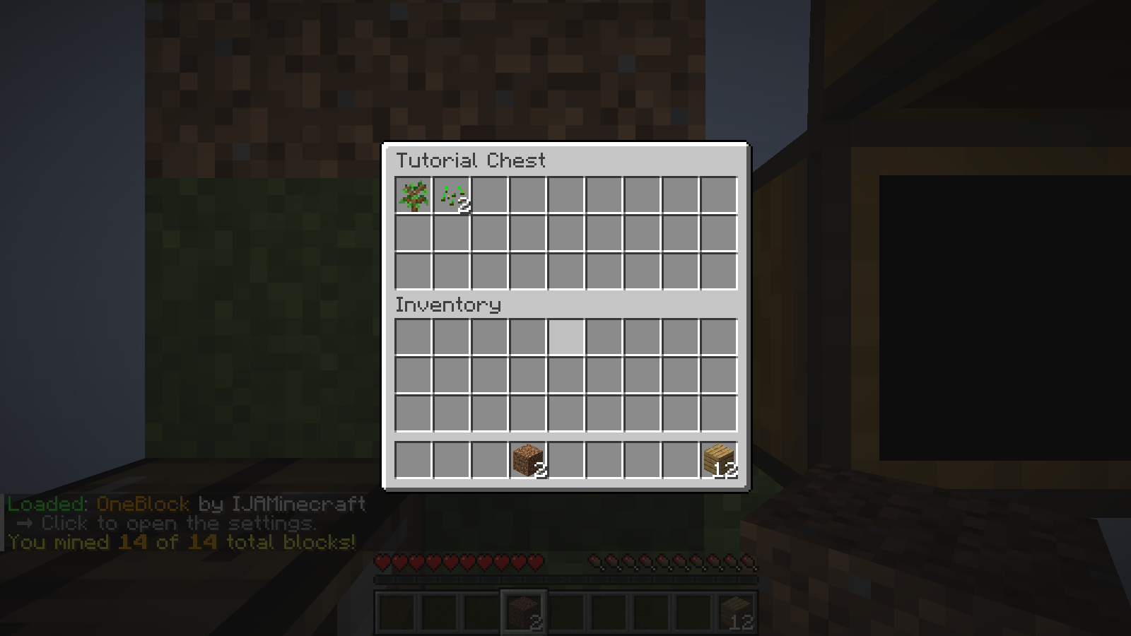 One oak sapling and two wheat seeds have been placed into the Tutorial Chest; the chat counter shows fourteen blocks mined.