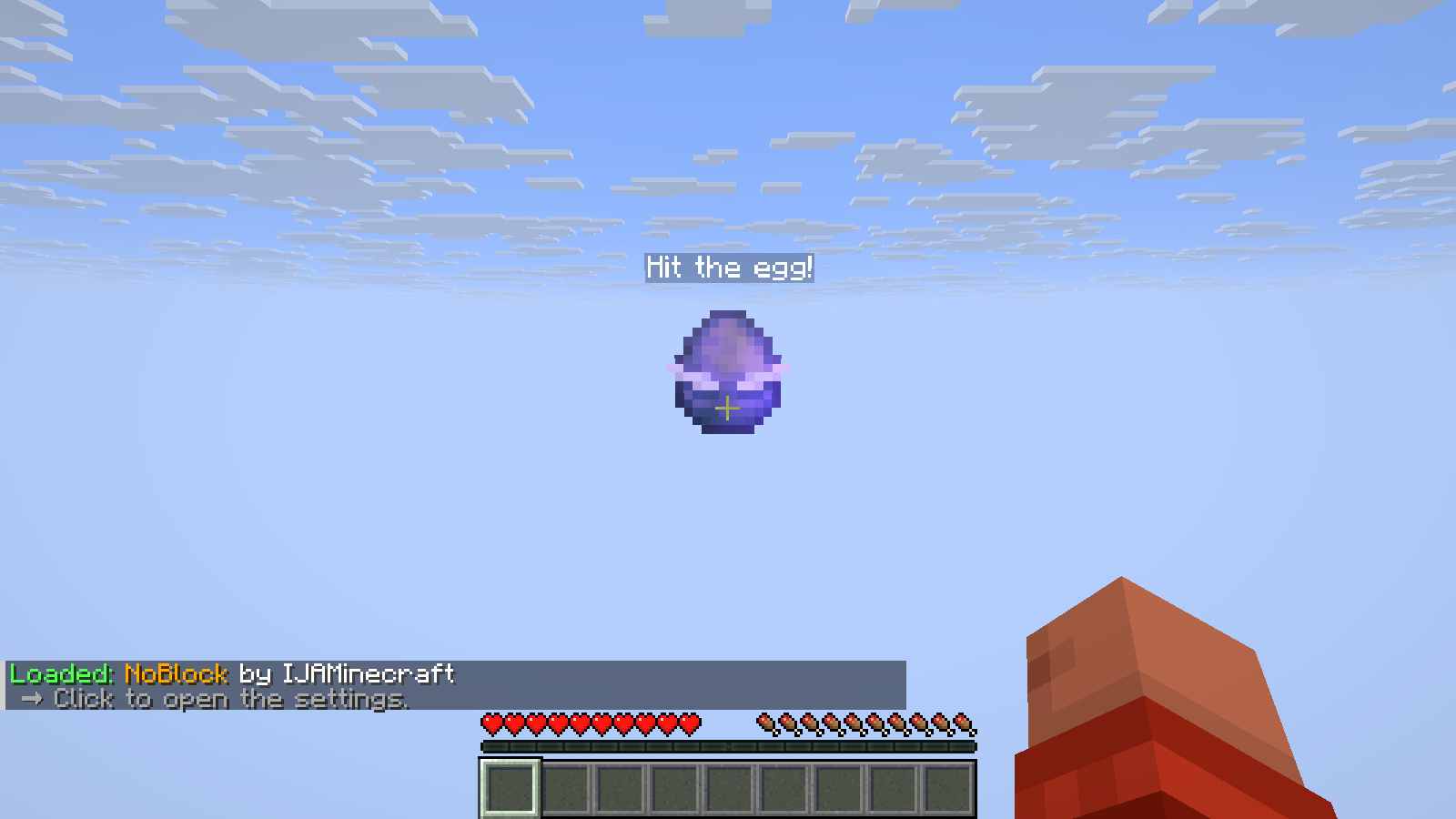 NoBlock starts with an empty hotbar and a floating egg beneath the Hit the egg prompt.