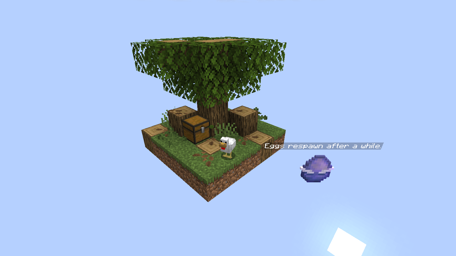 The first generated island contains an oak tree, exposed logs, a chest and a chicken beside the returning egg.