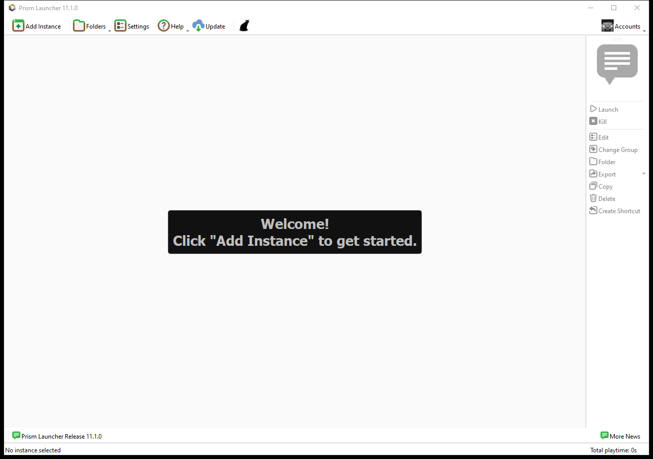 Prism Launcher 11.1.0 main window with an empty library and the Add Instance button.