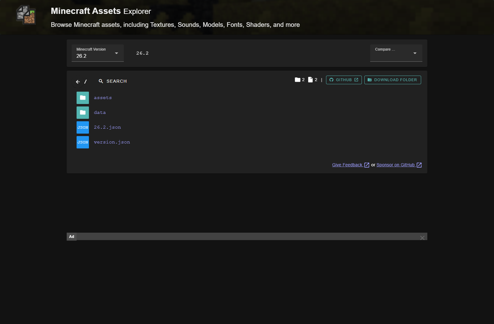 MC Assets version 26.2 directory showing assets, data, 26.2.json and version.json.