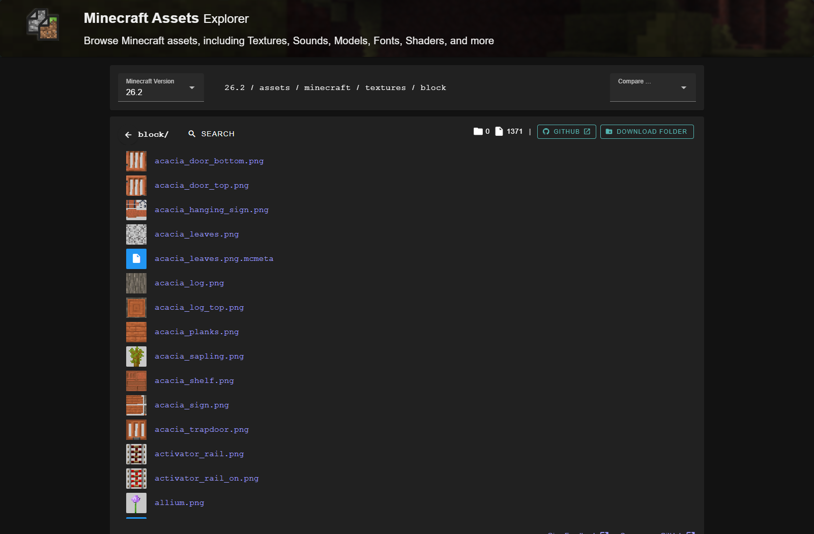 MC Assets block texture directory for Java 26.2, with the breadcrumb assets/minecraft/textures/block and texture previews.