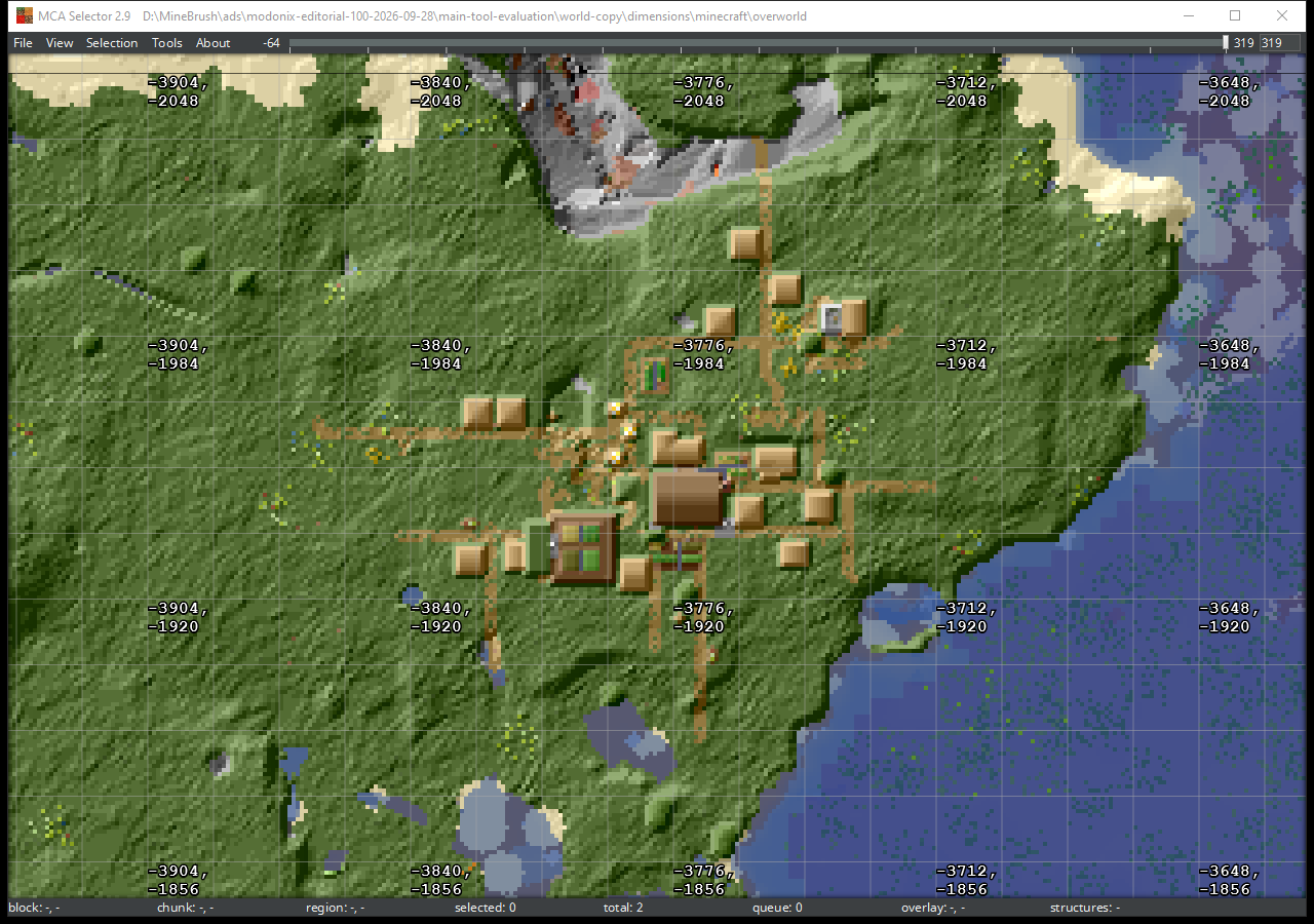 Actual MCA Selector window showing an overhead chunk map of the Field Workshop Java world copy.