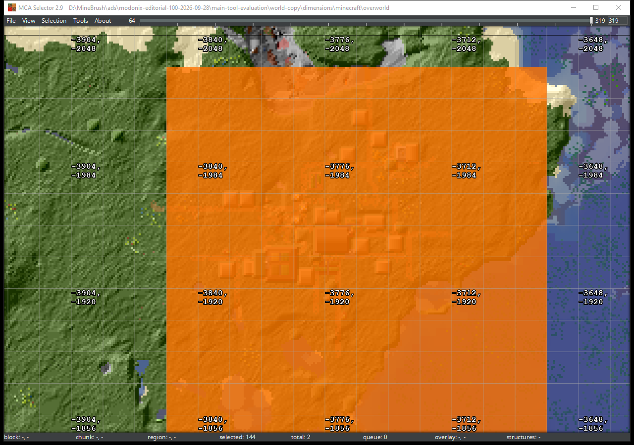 MCA Selector map with a 12 by 12 orange chunk selection around the workshop and a selected-chunk count of 144.
