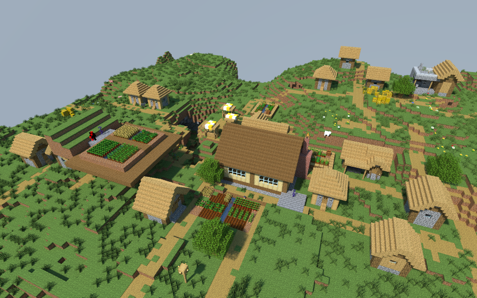Offline Chunky render of the Field Workshop, paths, crop plots and nearby village in daylight.