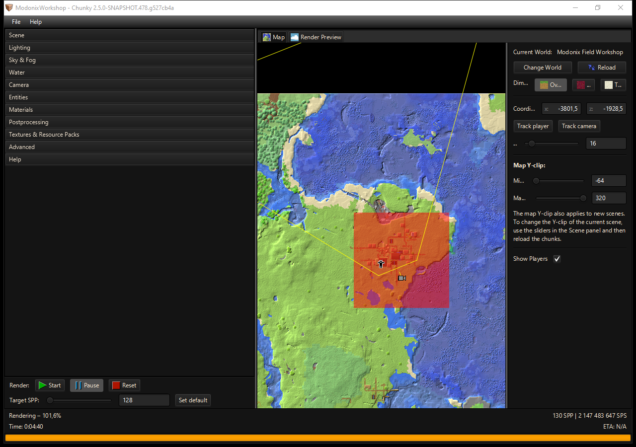 Actual Chunky development-snapshot window showing the Field Workshop map, selected chunks and camera outline.
