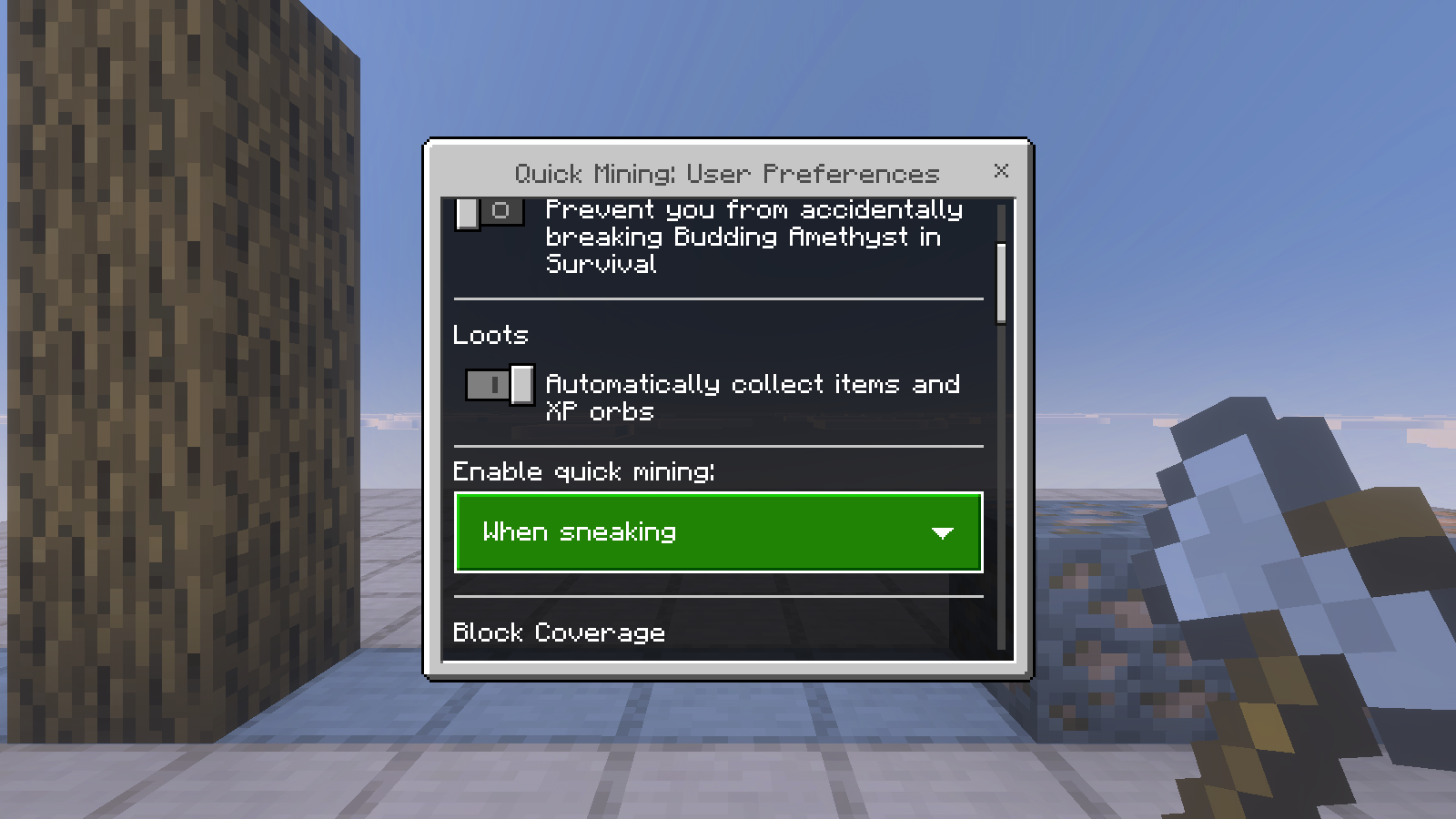 Quick Mining User Preferences form showing When sneaking and the automatic item and XP collection switch.