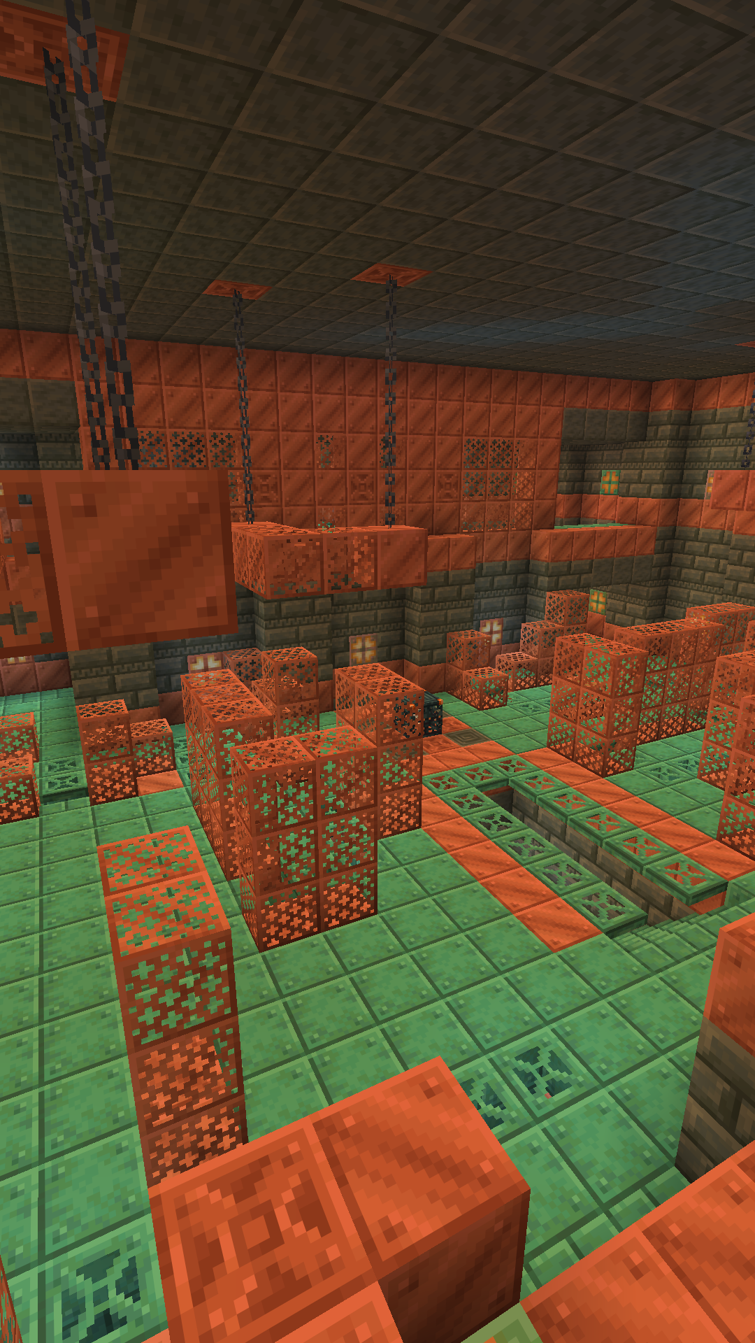 Trial chamber overview photographed in Java 1.21.11: copper platforms and floor routes illustrate features introduced in the 1.21 Tricky Trials release.