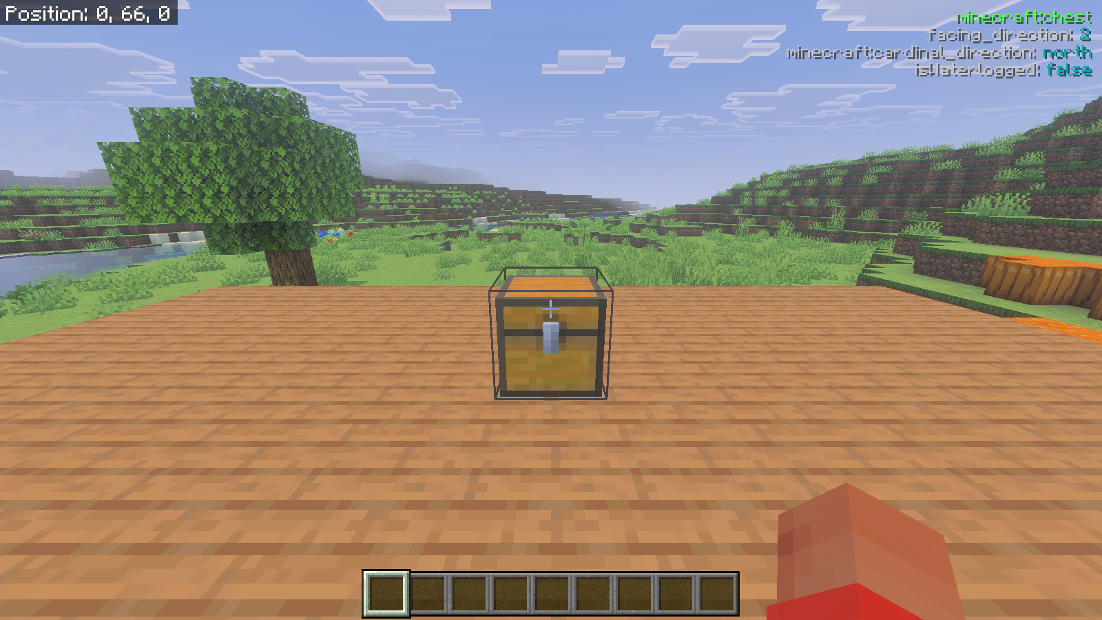 First-person view of a chest on the platform; the Canopy overlay names minecraft:chest and shows its facing and waterlogged states.