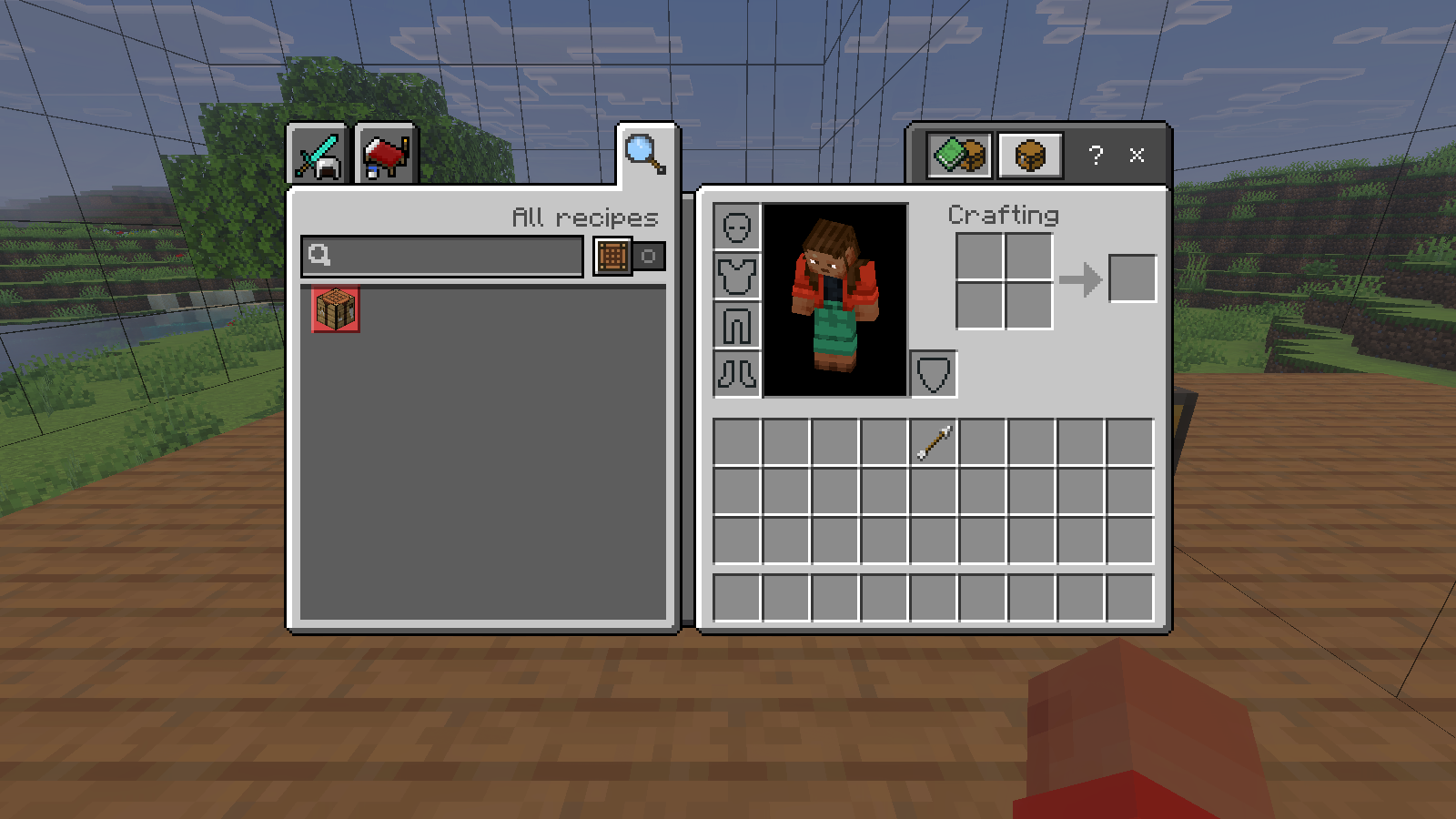 Survival inventory view showing one arrow in the upper main-inventory row beneath the offhand slot, with boundary lines behind the inventory.